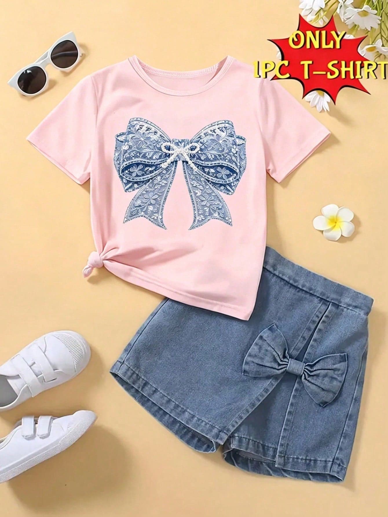Souflis Souflis (1 Pc) Baby Girl Fresh Minimalist Floral Pattern Pearl Bow Print Basic Short T-Shirt, Comfortable Daily Wear For All Seasons, Pink Cute Kawaii T-Shirt