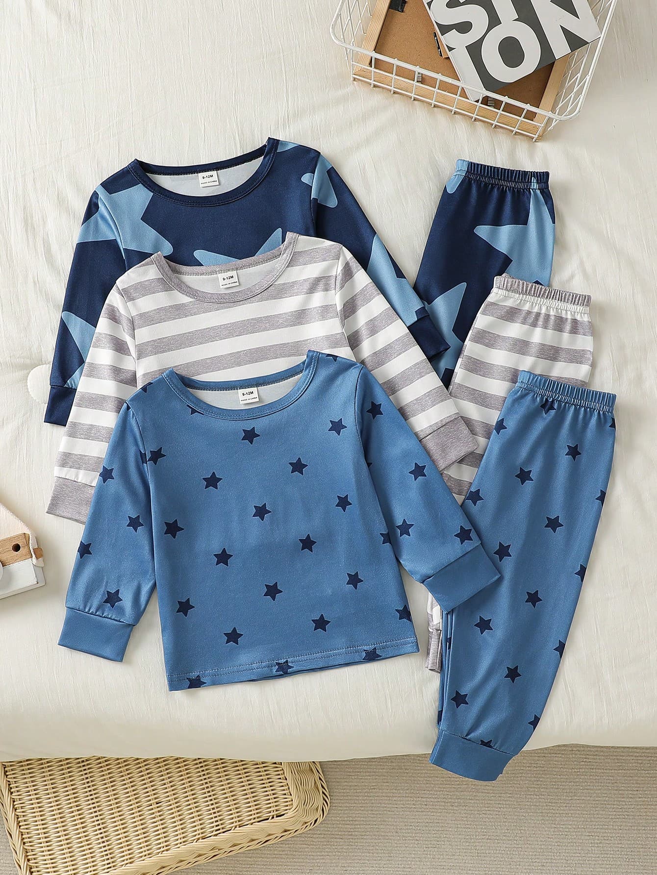 SHEIN Vintaside Kids 6pcs Baby Boy Fashionable Comfortable Blue & Grey Star Pattern Long Sleeve & Long Pants Loungewear Set