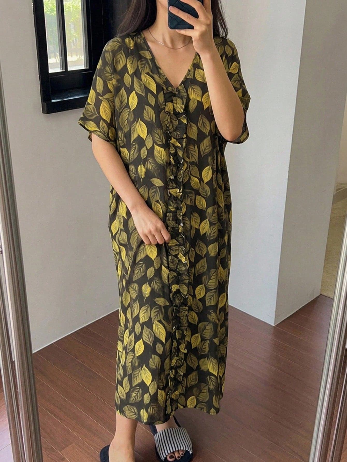 DAZY Leaf Pattern All-Over Print Loose Long Dress Short Sleeve Women's Nightgown Summer Outfit