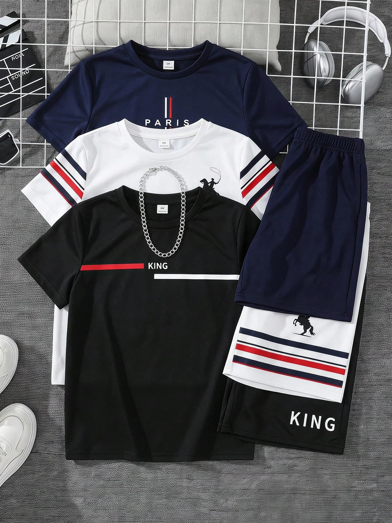 SHEIN 3sets/Buy 3pcs Get 3 Free Tween Boys Casual Patchwork Contrast Color Pattern Round Neck Loose Short Sleeve T-Shirt And Shorts Tracksuit, Y2K Set,Kids