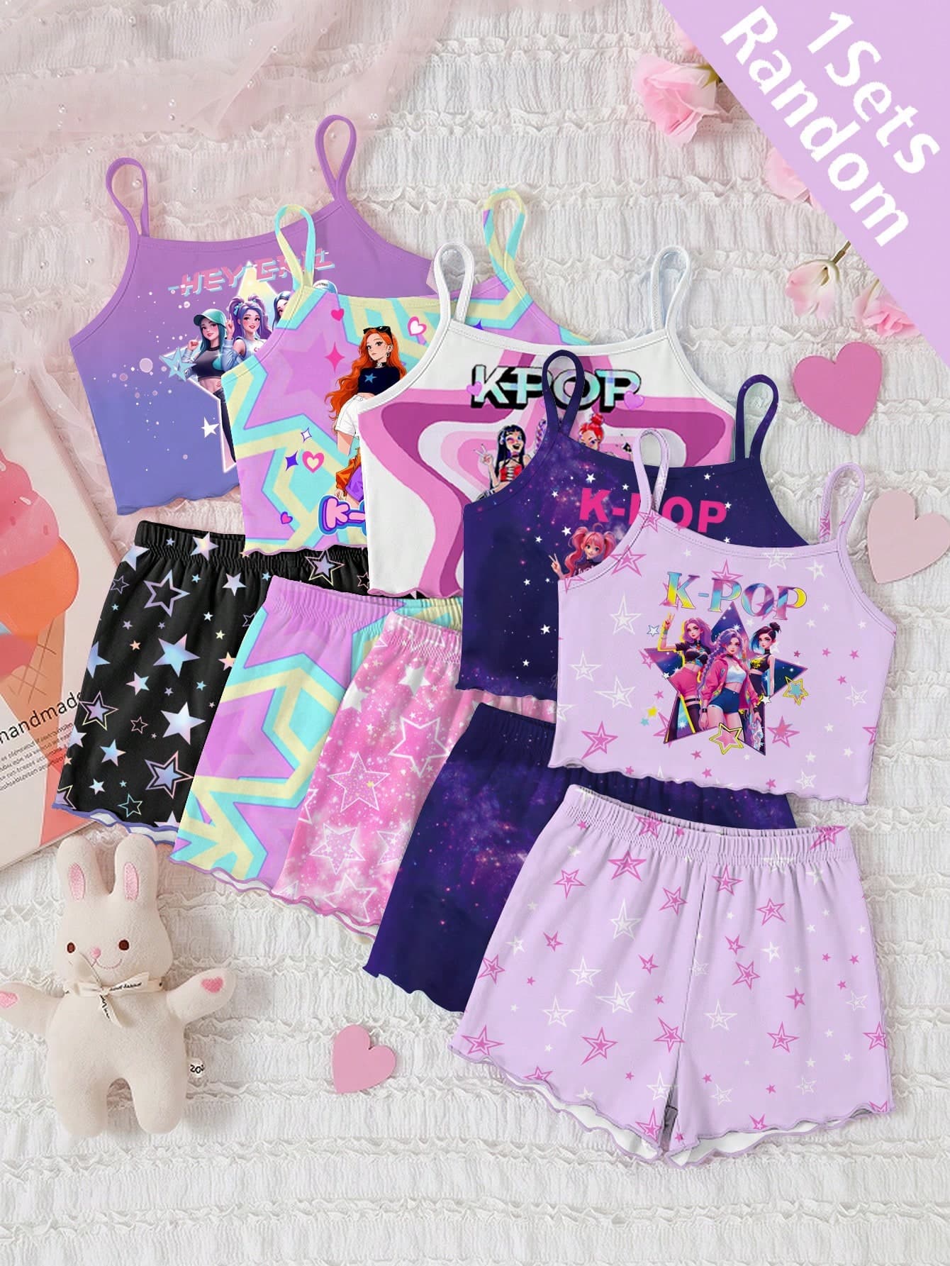 [5 Sets Random, 1 Set Sent] Tween Girls Pajamas, Summer New Fashion Cute Cartoon K-POP Girl Print Knit Ruffle Camisole Top & Allover Print Shorts 2 Piece Sleepwear Set, 1 Sets (Random Delivery)
