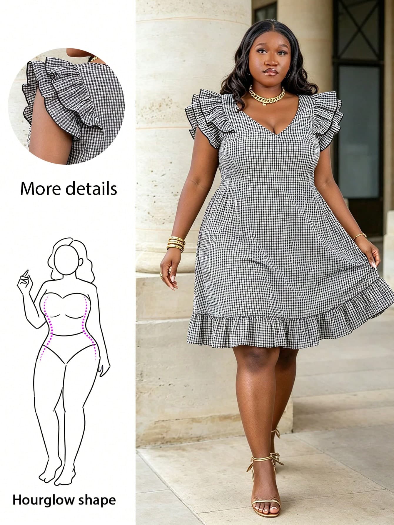 CurvyTilda Plus Size Loose Black & White Plaid Mini Dress, For Summer Elegant