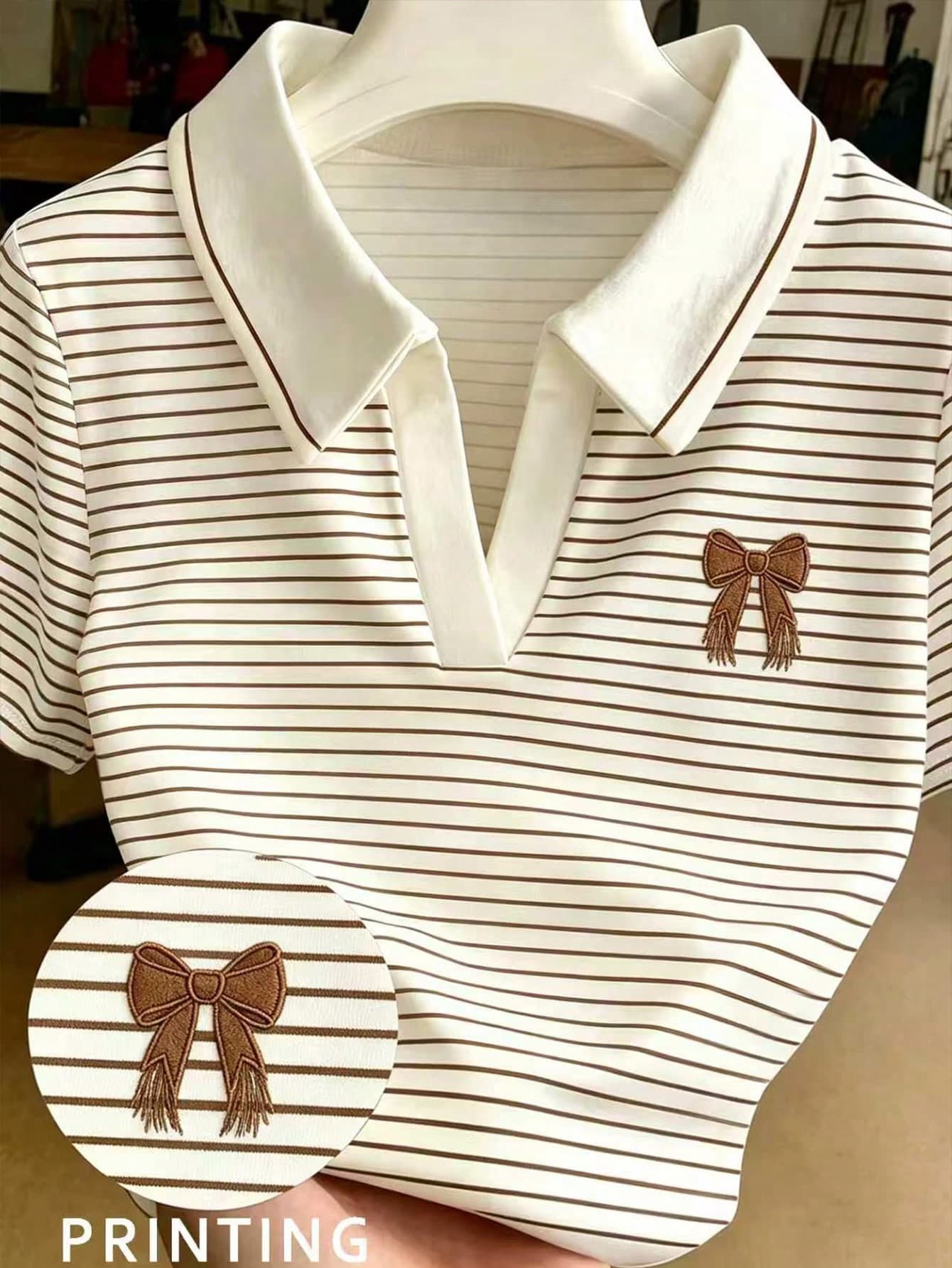 Franclia Women's Digital Print Polo Collar Fitted Short Sleeve T-Shirt