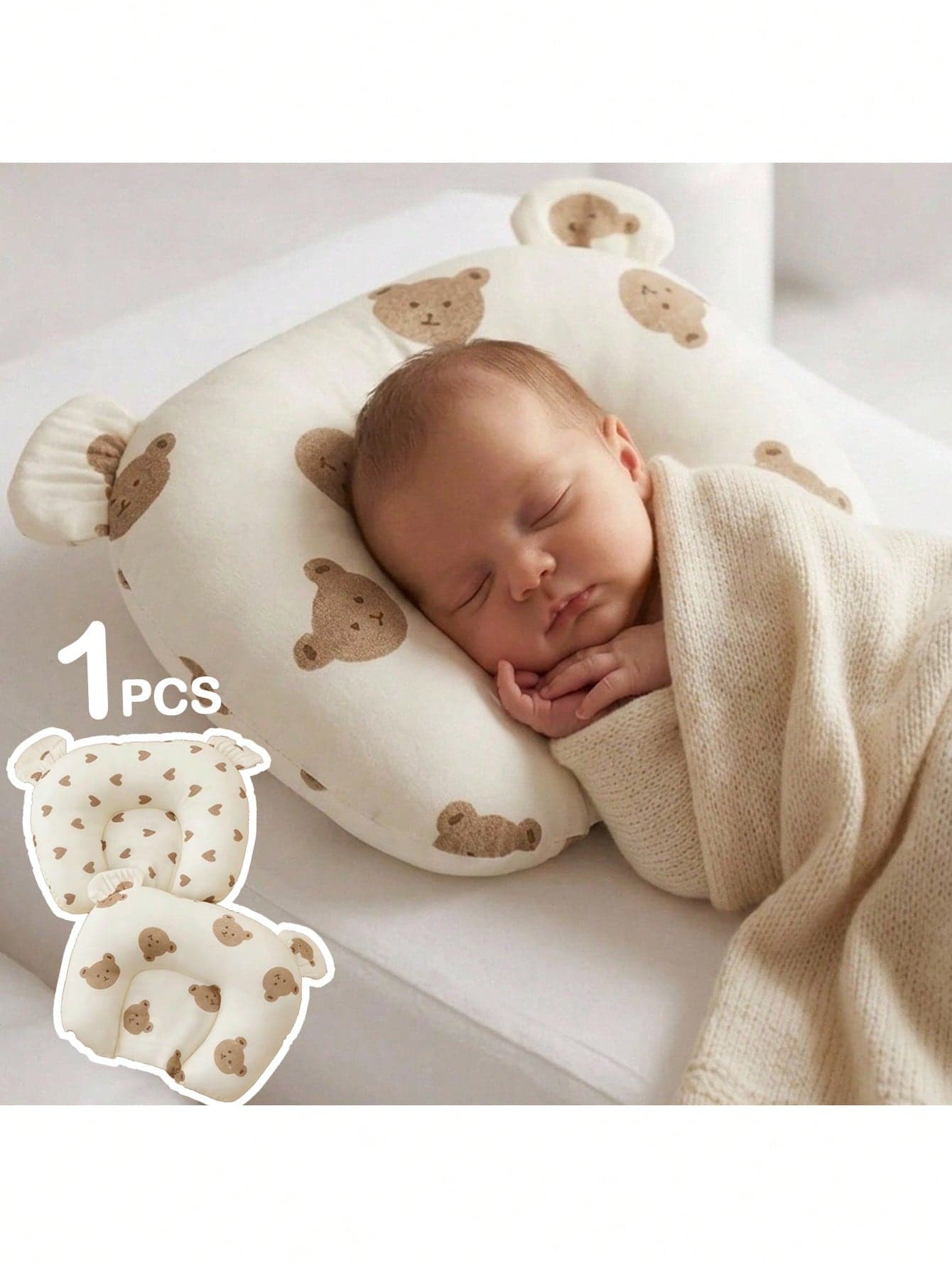 1pc Bear Baby U-Shaped Small Pillow, Spring/Summer/All Seasons, Non-Elastic, Soft & Breathable, Anti-Flat Head Neck Support Pillow, Sweat-Absorbent, Washable, 20*23cm