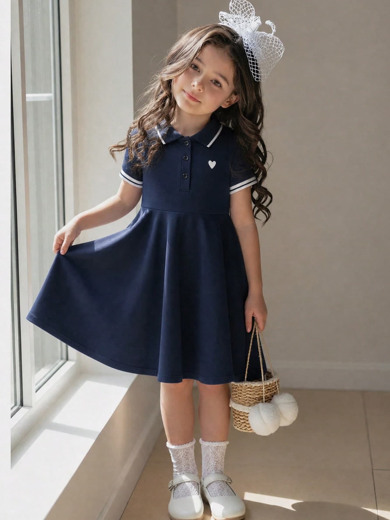 Elladie kids Young Girl Heart Print Polo Collar Dress Summer Holiday