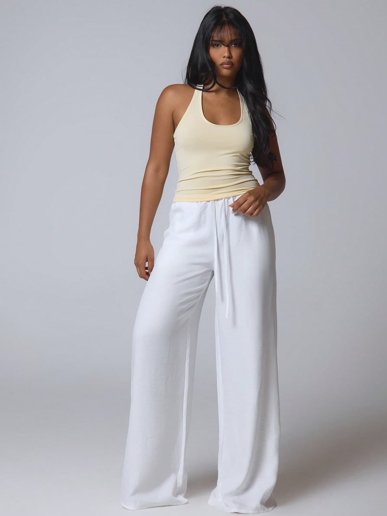Musera Petite Petite Tie Front Premium Linen Feel Beach Trousers Elegant Summer Vacation Sun Casual Boho White Airport Beach Pants Spring Holiday