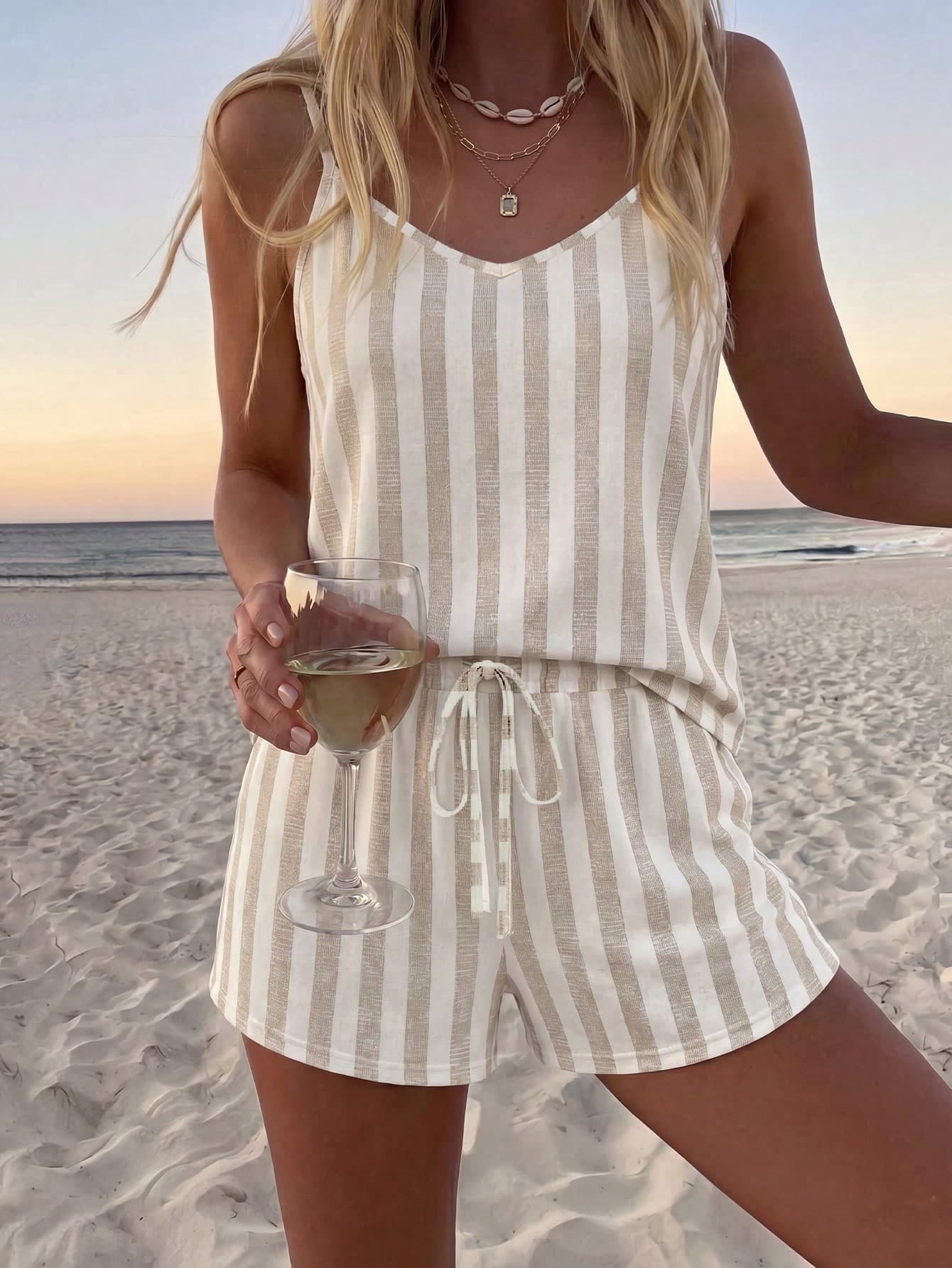 SHEIN LUNE Women's White Colorblock Camisole Top And Shorts Casual Everyday Set Beach Vacation Summer