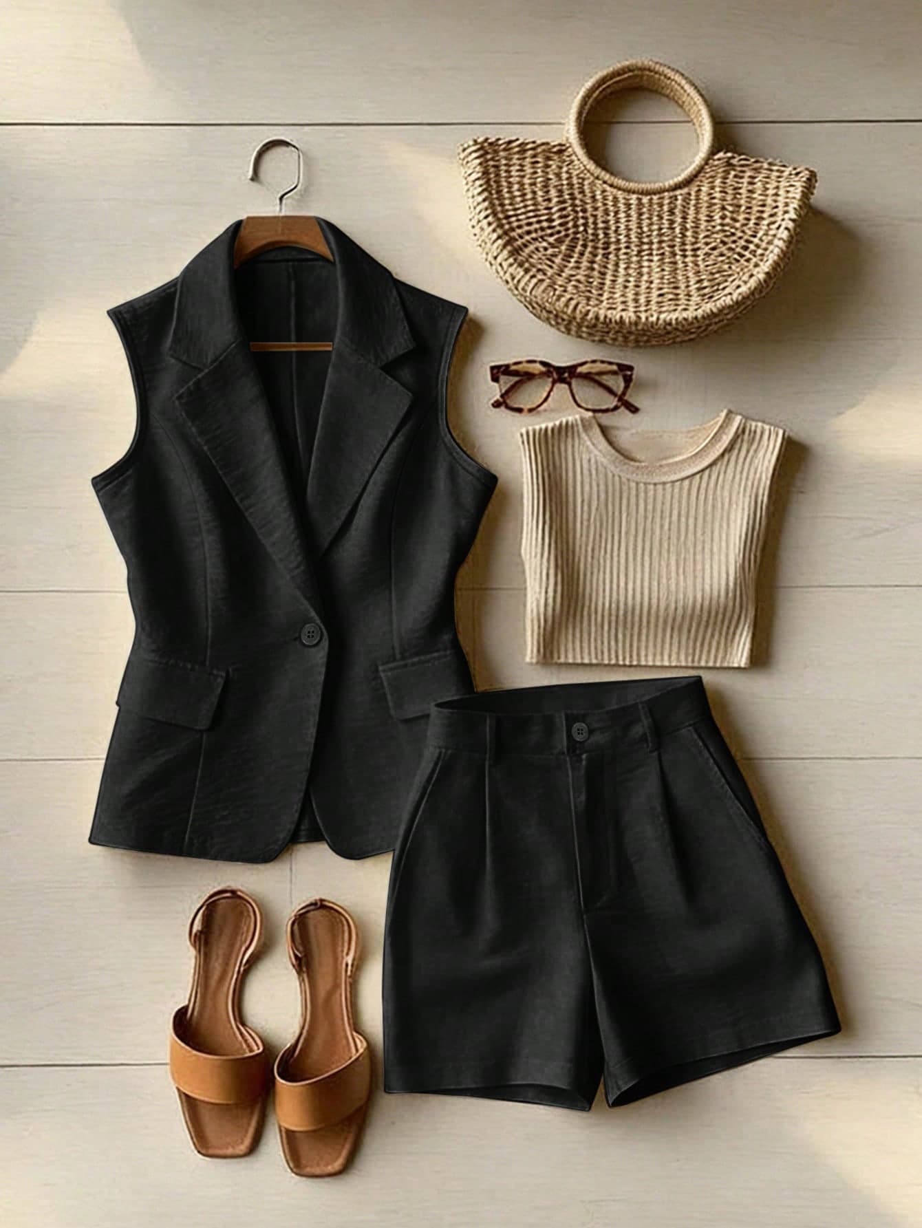 Franclia Women's Black Summer Casual Work Suit Set,Sleeveless Vest & High-Waisted Shorts,Textured 2 Pieces Set,Minimalist Elegant Business Outfits For Women