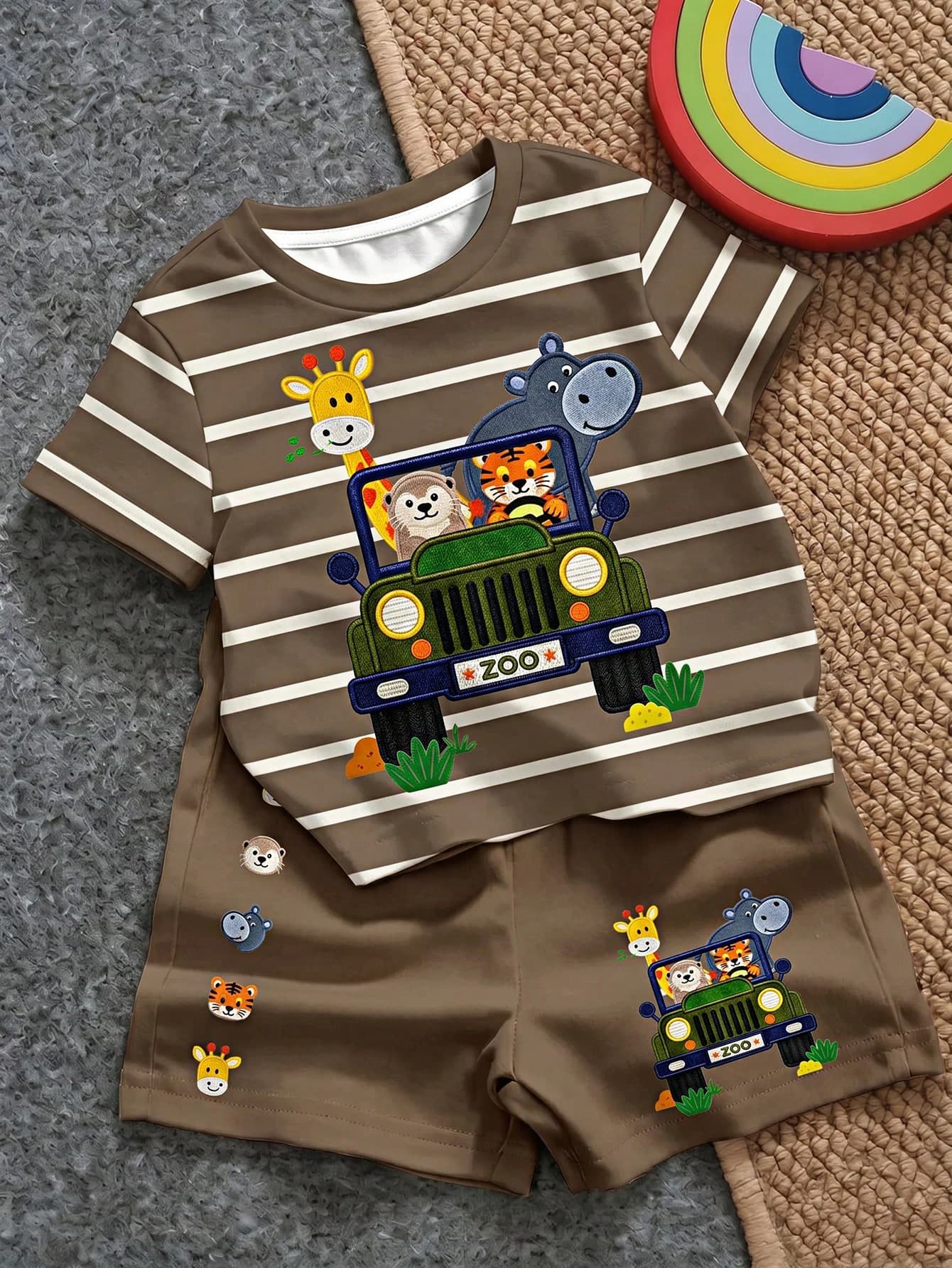 SHEIN LMoss Kids Baby Boy Casual Minimalist T-Shirt Set, Suitable For Summer, Classic Cute Stripes, Animal Parade, Little Car Cartoon Print