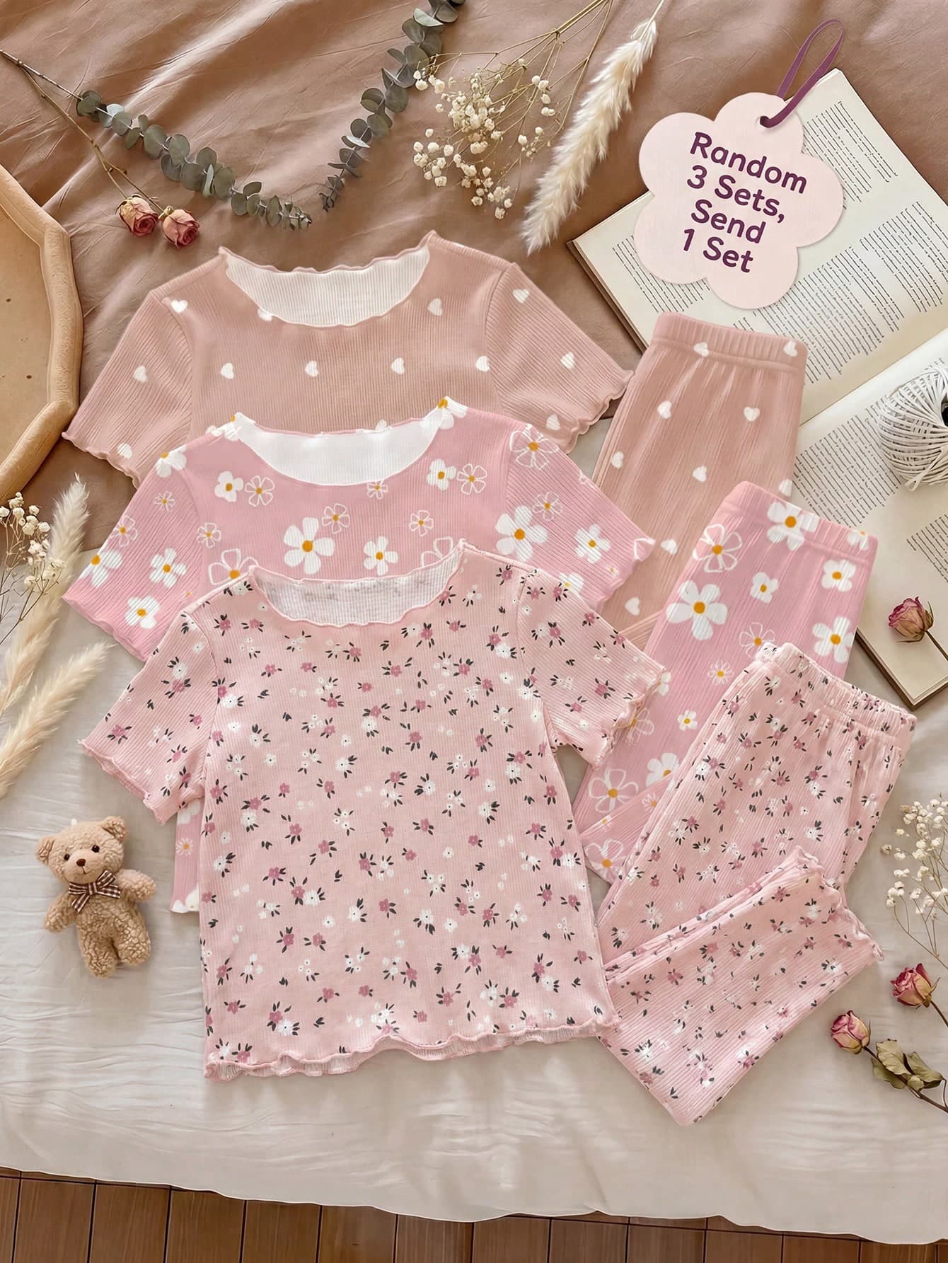 SHEIN Baby Girl Floral Print Top And Pants Pajama Set((3 Sets, Get 1 Set Random))