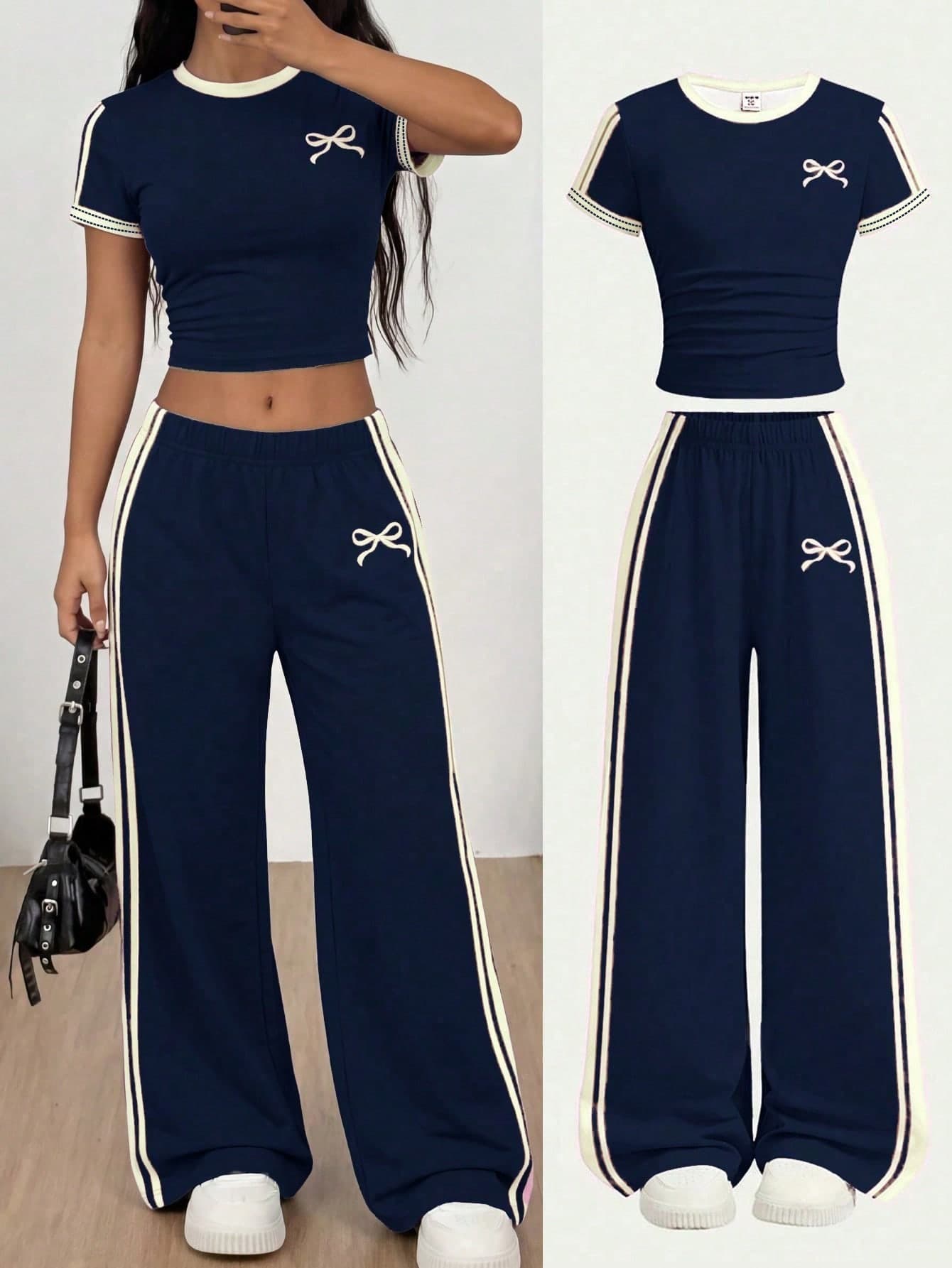 Tween Girl Navy Blue Cute Bow Print Striped Minimalist Ruched Waist T-Shirt And Loose Casual Pants Set, Suitable For Spring/Summer Daily Wear