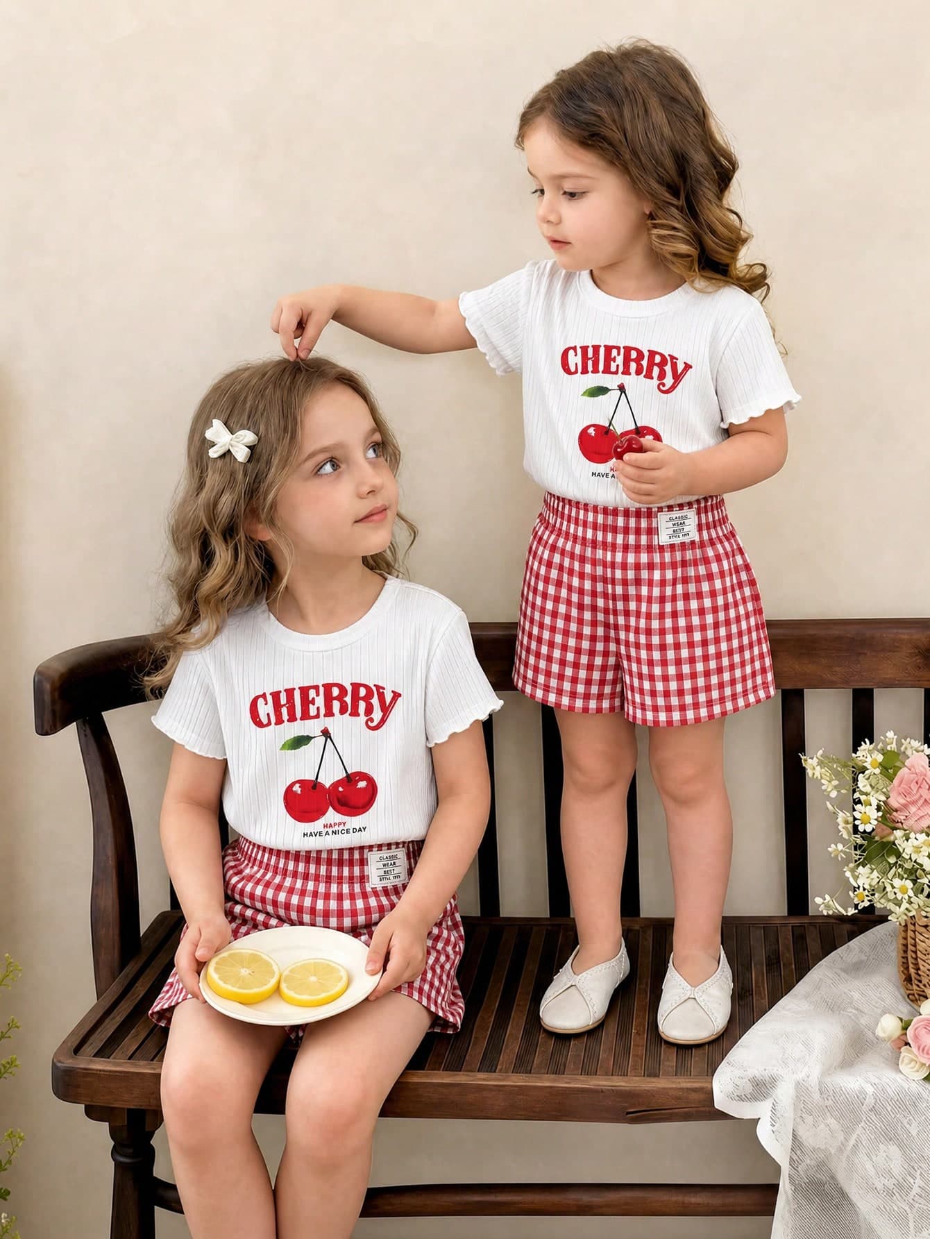 SHEIN Young Girl Vacation Sweet & Cute Summer Refreshing Cherry Print Round Neck Short Sleeve Cropped Knit T-Shirt + Red Plaid Loose Shorts 2 Pieces Set,Holiday,Summer,Travel