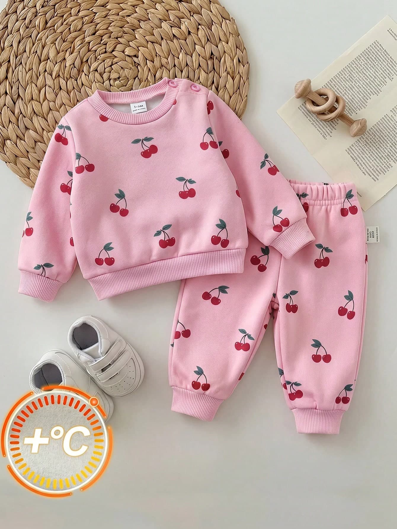 SHEIN Newborn Baby Girl Loose Casual Minimalist Comfortable Round Neck Pullover Cartoon Pattern Set Pink Cherry Winter Comfy Outing Soft Cute