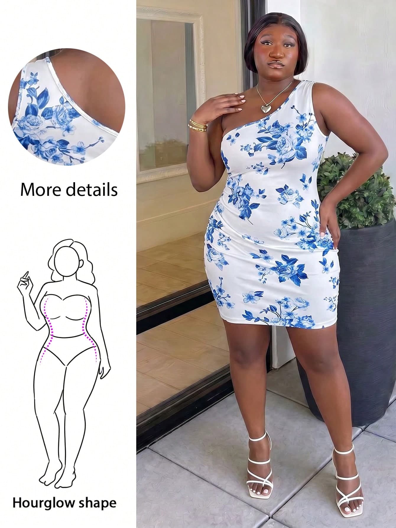 CurvyTilda Plus Size Women Boho Fall Vacation & Back To School Floral Asymmetrical Neck Bodycon Dress, For Summer,Beach Dress Sundress,Holiday Outfits Elegant