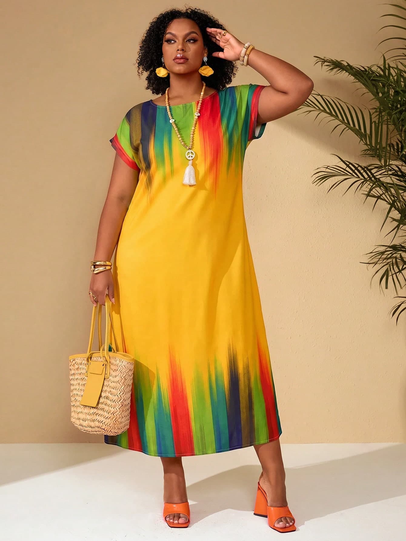 BrightlyHer Plus Size Butter Yellow Printed Short Sleeve Casual Summer Dress Vacation Outfits For Women Beach Going Out Holiday