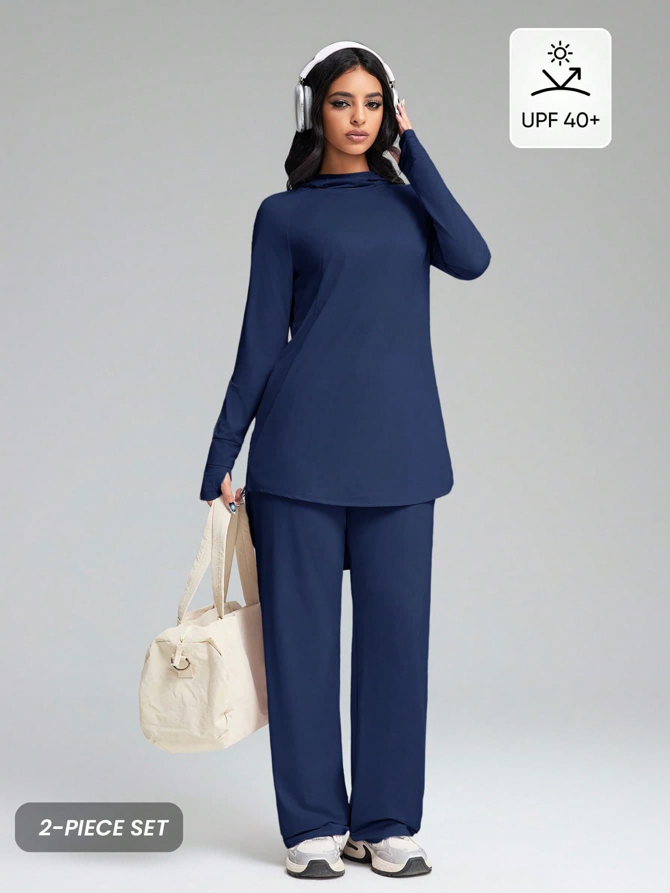 Innovista Women's  UPF 40+ Set Navy Blue 2PCS Loose Long Sleeve Hoodie Top + Wide-Leg Pants, Sun Protection, Moisture-Wicking, Thumbholes, Hi-Low Hem For Travel