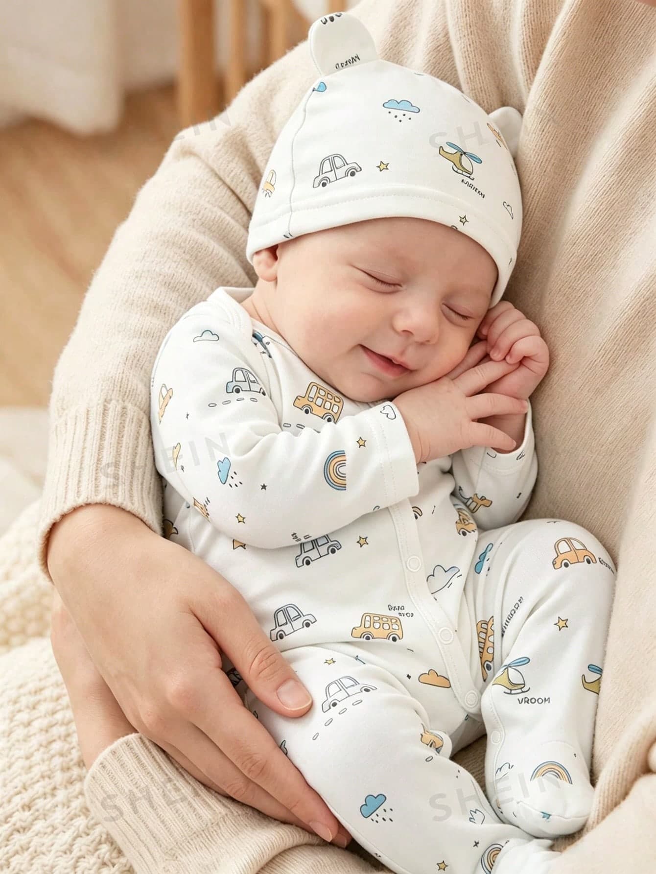 SHEIN 2pcs/Set Newborn Unisex Baby Cartoon Bear Print Long Sleeve Romper With Hat, Light Blue, Cute Autumn Family Matching Daily Wear Birthday Photography