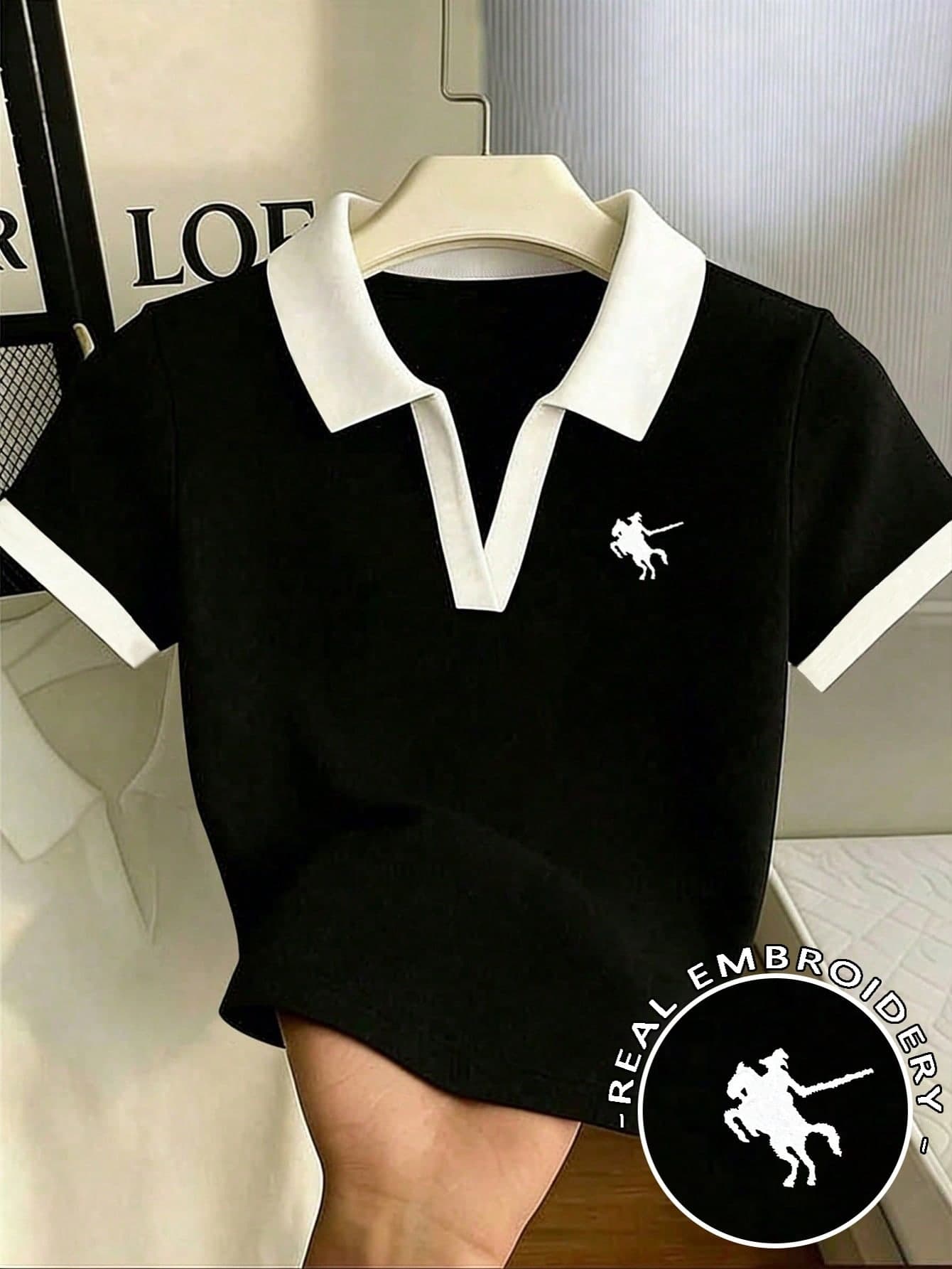 Franclia Embroidered Horse Collar Fitted Short Sleeve T-Shirt For Women