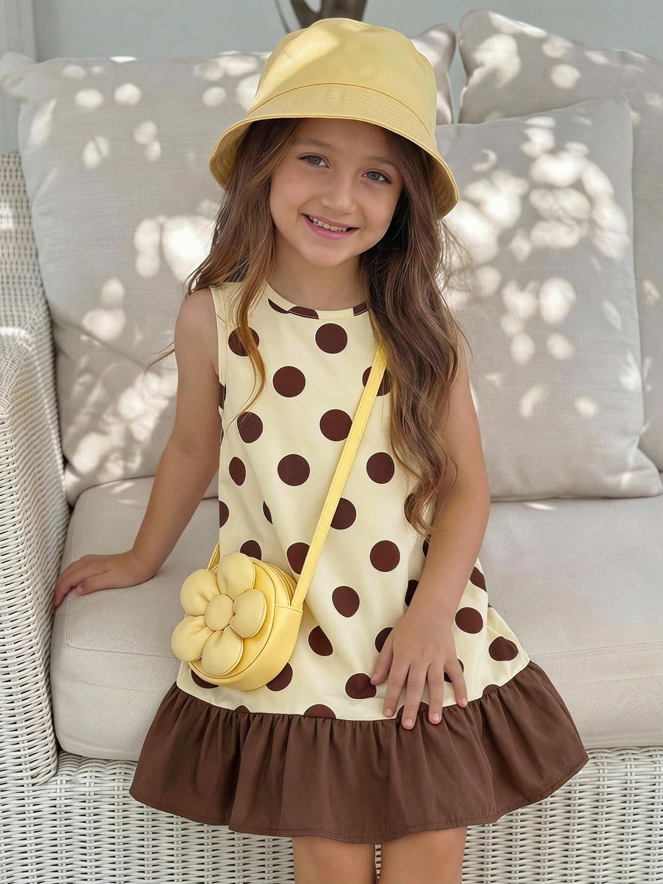 Emery Rose Kids Emery Rose Kids Kids Cute Vintage Style Girls Polka Dot Tank Dress, Baby Brown Large Polka Dot Sleeveless Mermaid Hem Outer Layer Tank Dress For Spring And Summer