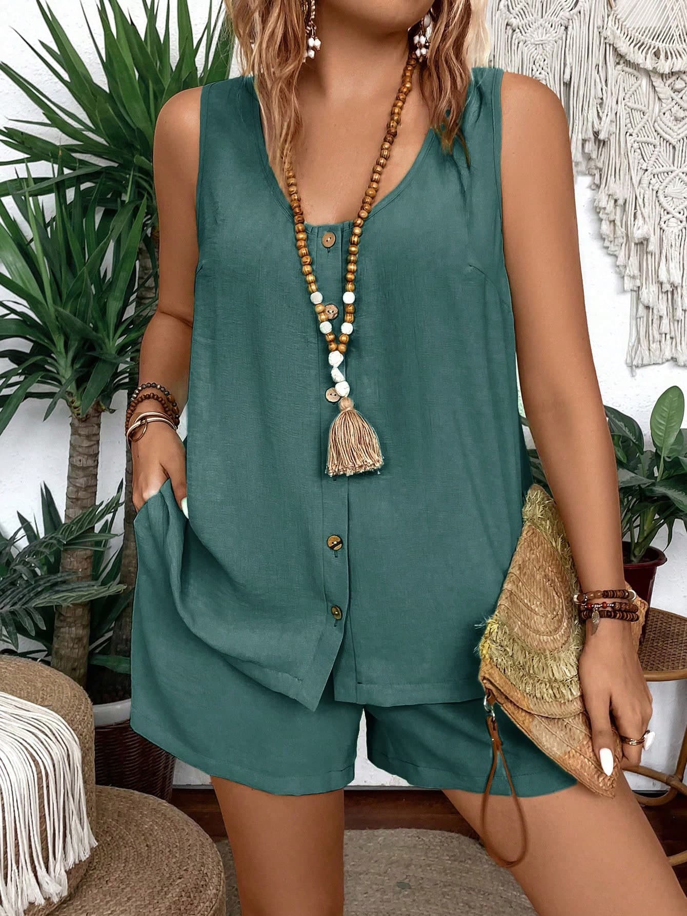 Breezaya Plus Size Women Solid Color Round Neck Single-Breasted Vest And Shorts Casual 2-Piece Set
