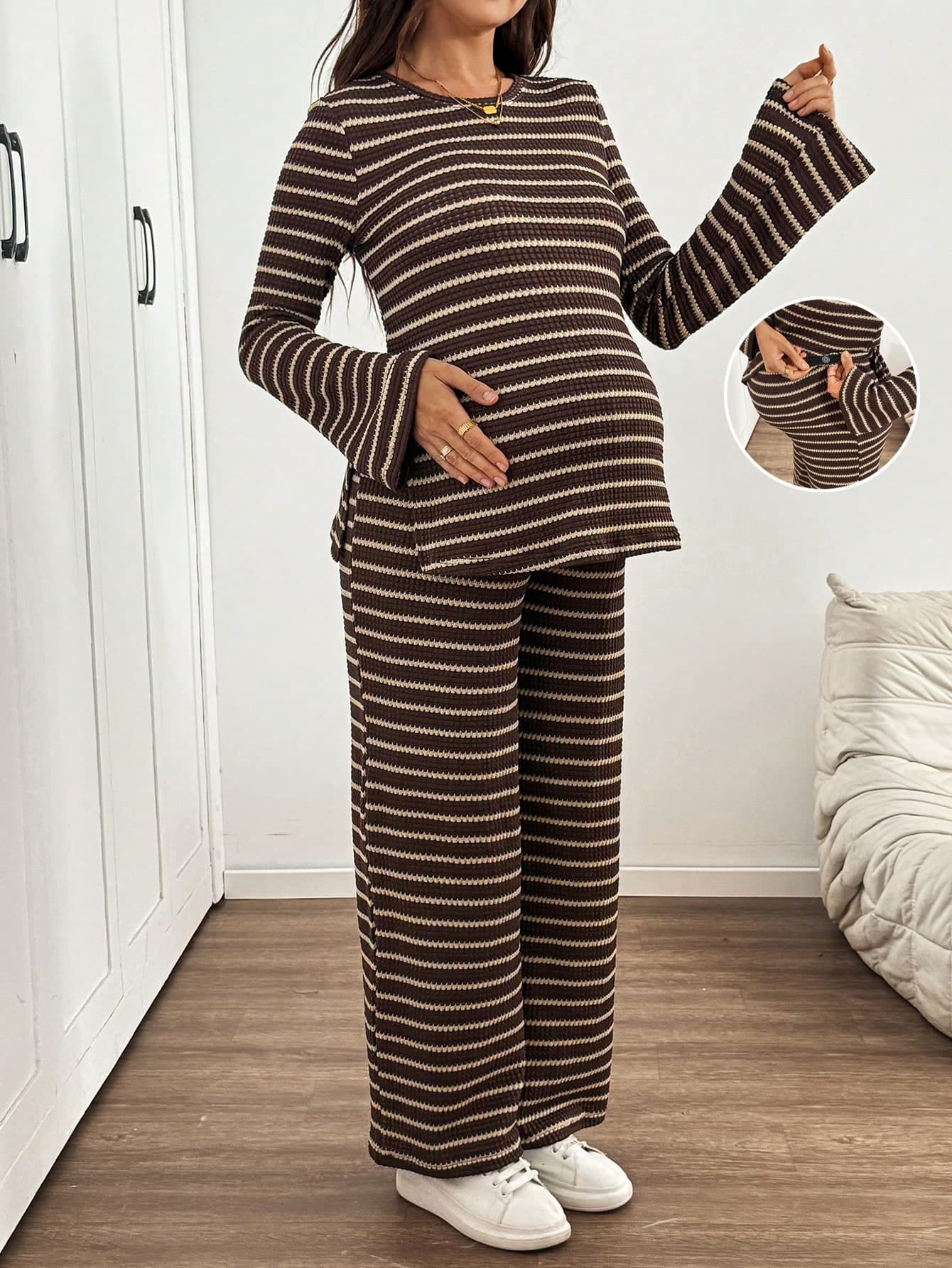 SHEIN Maternity Striped Round Neck Long Sleeve T-Shirt And Adjustable Waist Pants Casual 2 Pieces Set Going Out Casual