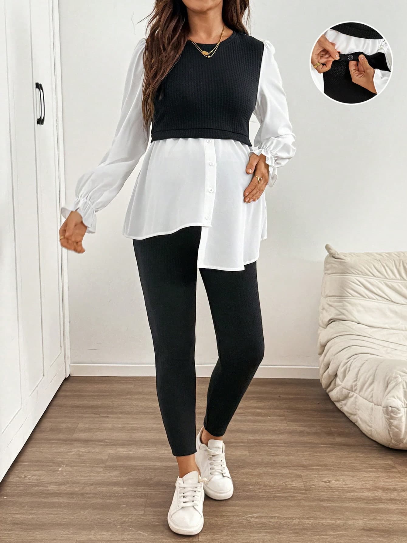 SHEIN Maternity 2 Pieces Set With Nursing Function, Long Sleeve Top And Adjustable Waist Pants, Casual Everyday Outfit Going Out Casual