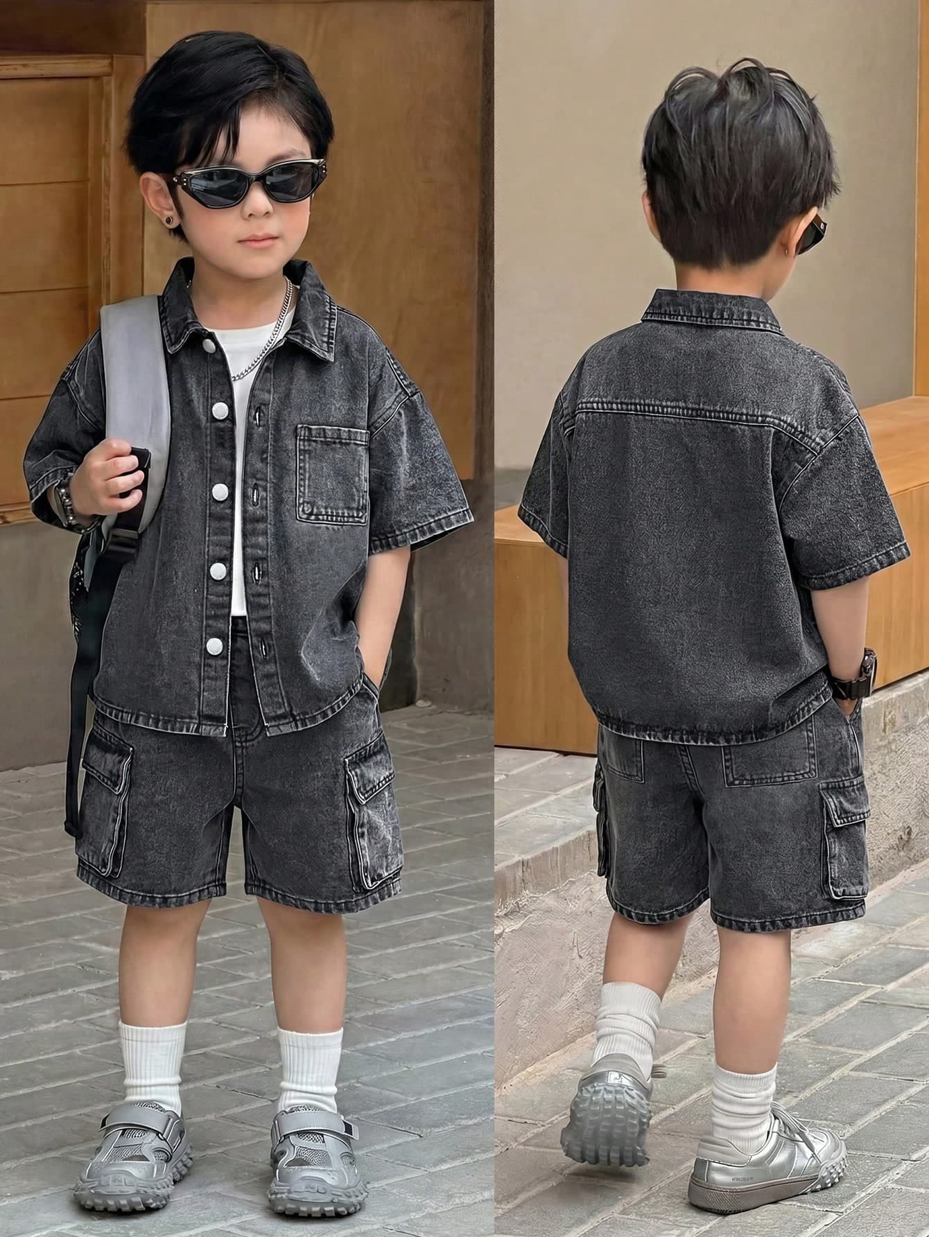 SHEIN 2pcs/Set Young Boy New Distressed Casual Black Denim Loose Short Sleeve Shirt And Lastic Waist Loose Cargo Jeans Shorts Set Spring Summer,For Kids Boys Spring/Summer Dailywear Outfits,Boys Streetwear Outfits,Festival Outfits For Boys ,Party Outfits For Boys ,Beach Outfits For Boys ,Birthday Outfits For Boys ,Country Clothes For Boys ,Elegant Dress For Boys ,Boys Graduation Outfit,Casual Boys Outfits,Summer Vacation Outfits For Boys ,Graphic Jeans Boys ,Toddler Two-Piece Set,4-Years-Old Boys Two-Piece Set,Casual Two-Piece Set,Summer Two-Piece Set