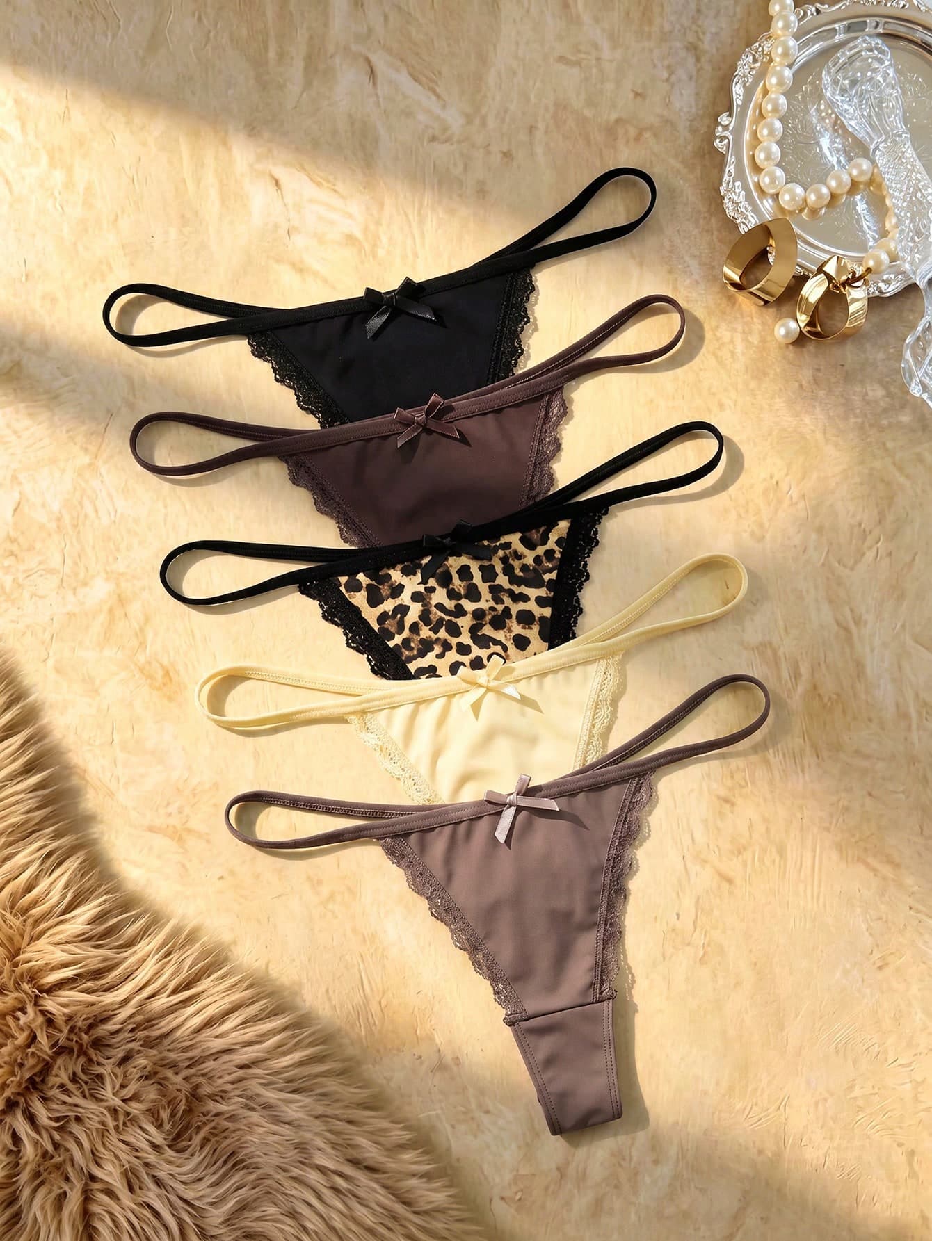 Bare Chapter 5pcs/Pack Women's Lace Patchwork Bow Tie Leopard Print Thong Panties