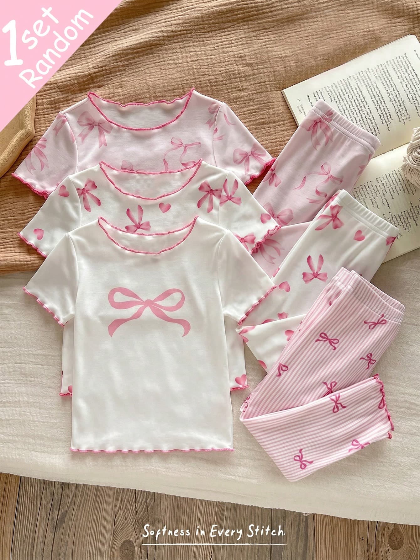 SHEIN [1 Set Random] 2 Pcs Girls Toddler Round Neck Short Sleeve & Long Pants Pink Heart Bow Striped Pajamas Soft Knit Ruffle Trim Summer Homewear