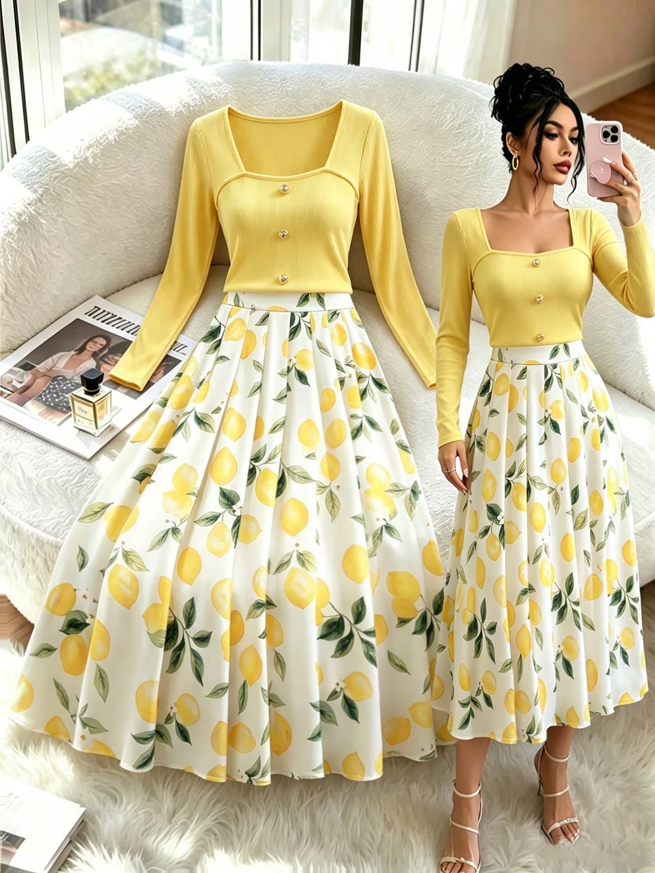 Elenzga Women's Solid Color Button Casual Versatile Commute Lemon Yellow Knit Long Sleeve T-Shirt And Lemon Print Skirt Sweet Casual Two Pieces Set, Suitable For Summer Girls And Women