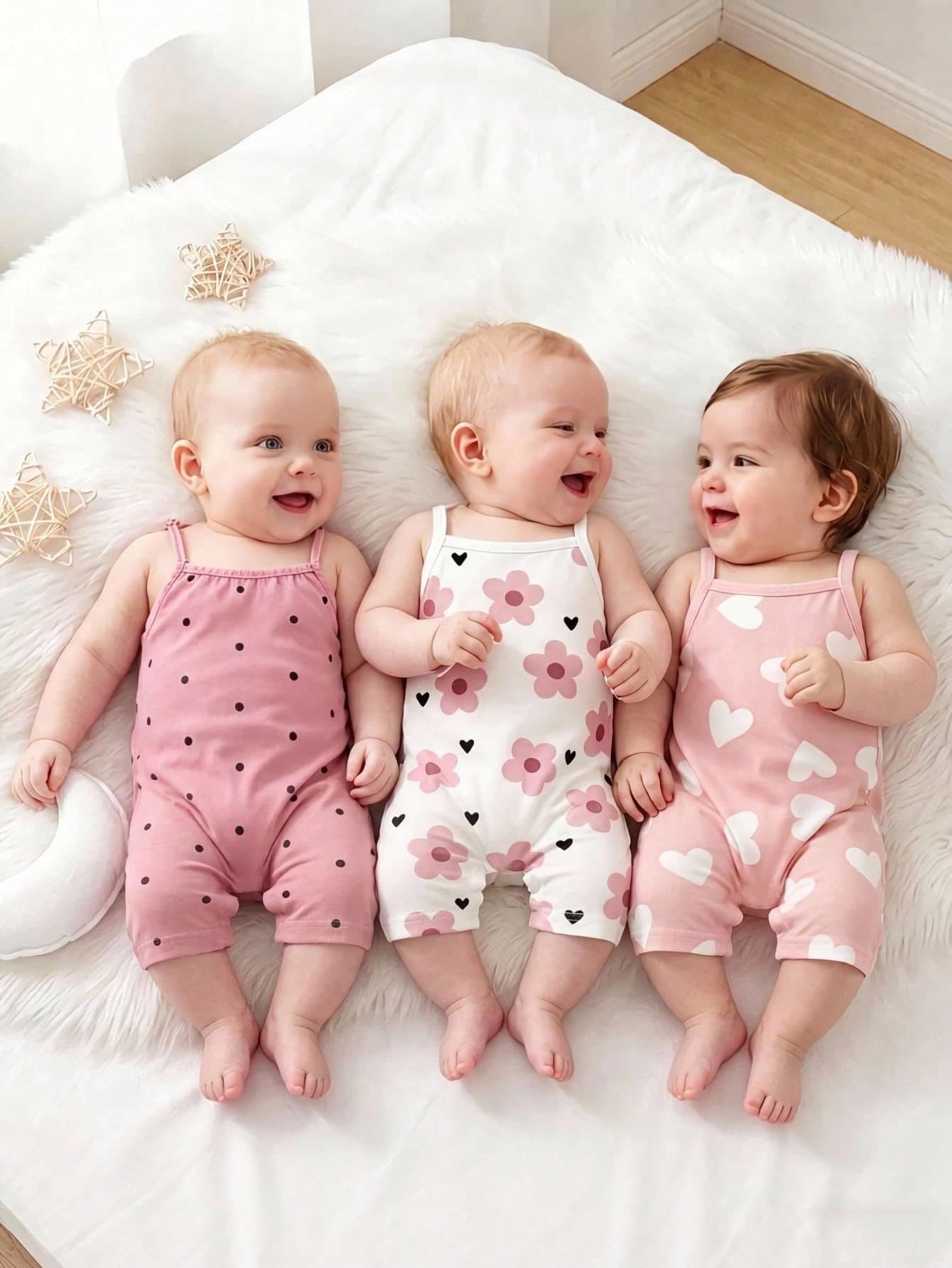 3pcs Baby Girl Casual Cute Vacation Floral, Heart, Polka Dot Print Cami Rompers, Summer Soft Comfortable Daily Cami Rompers