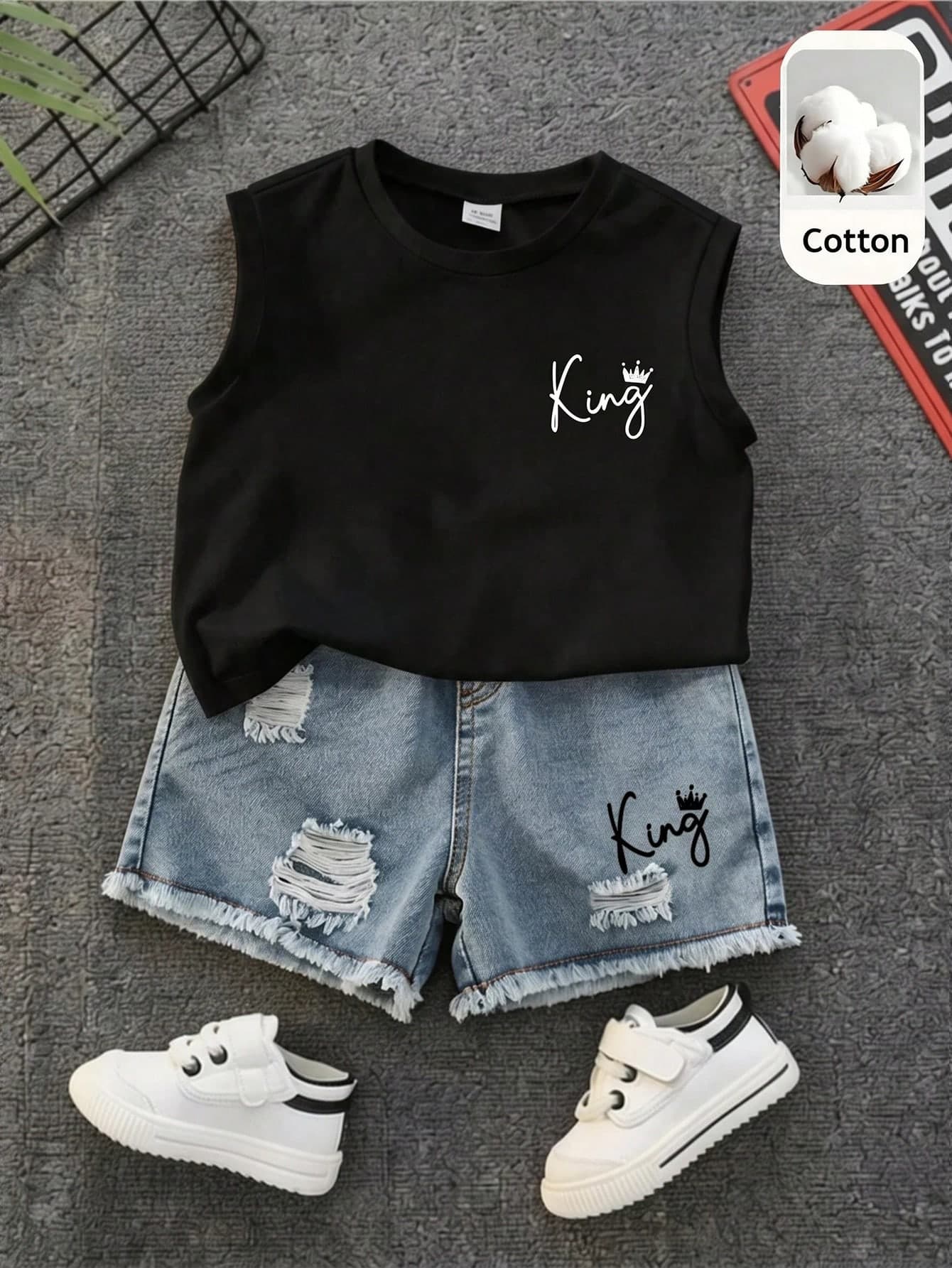 2pcs Baby Boy Baby Boy Spring/Summer Casual Fashion Tank Top T-Shirt And Denim Shorts Set