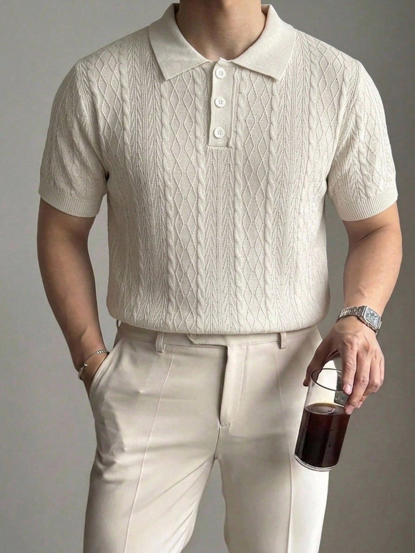 DAZY Short Sleeve Polo Collar Apricot Men's Knit Top