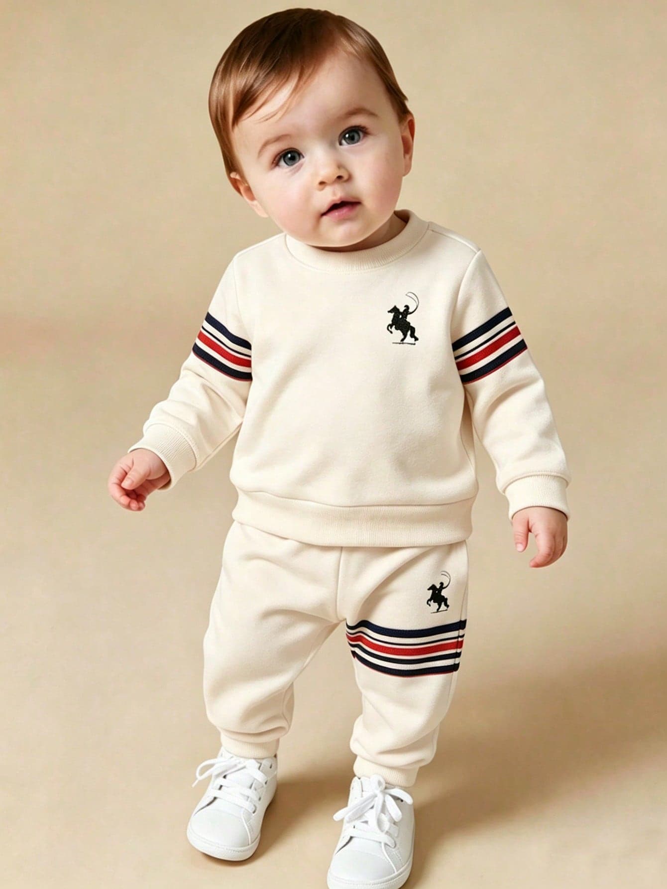 SHEIN Playful Pals Baby Boy Crew Neck Long Sleeve Sports Sweatshirt Sweatpants 2-Piece Set Collegiate Style Striped Pony Graphic Suitable For Autumn Back To School