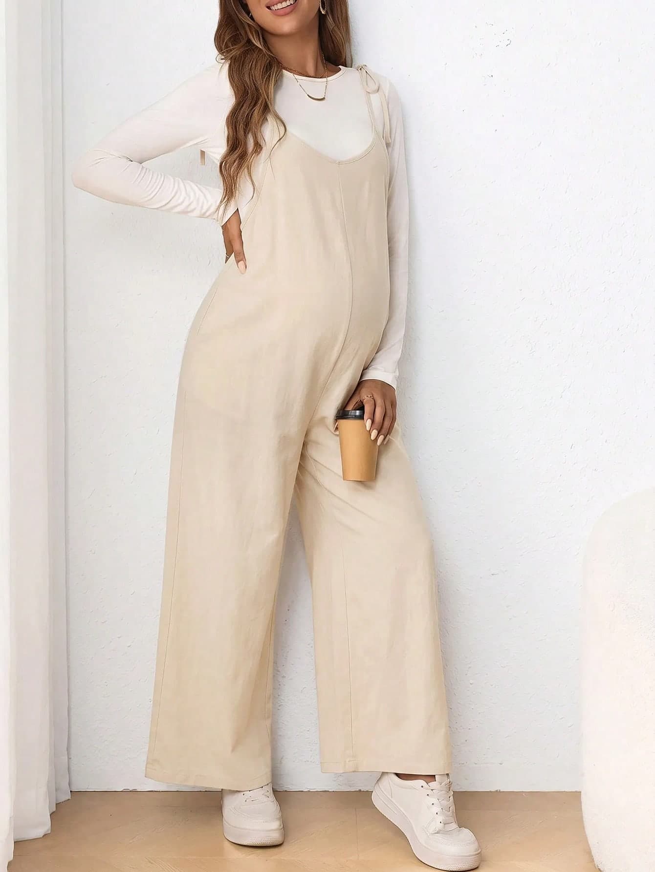 SHEIN Maternity Casual Spaghetti Strap Bowknot Long Fitted Jumpsuit