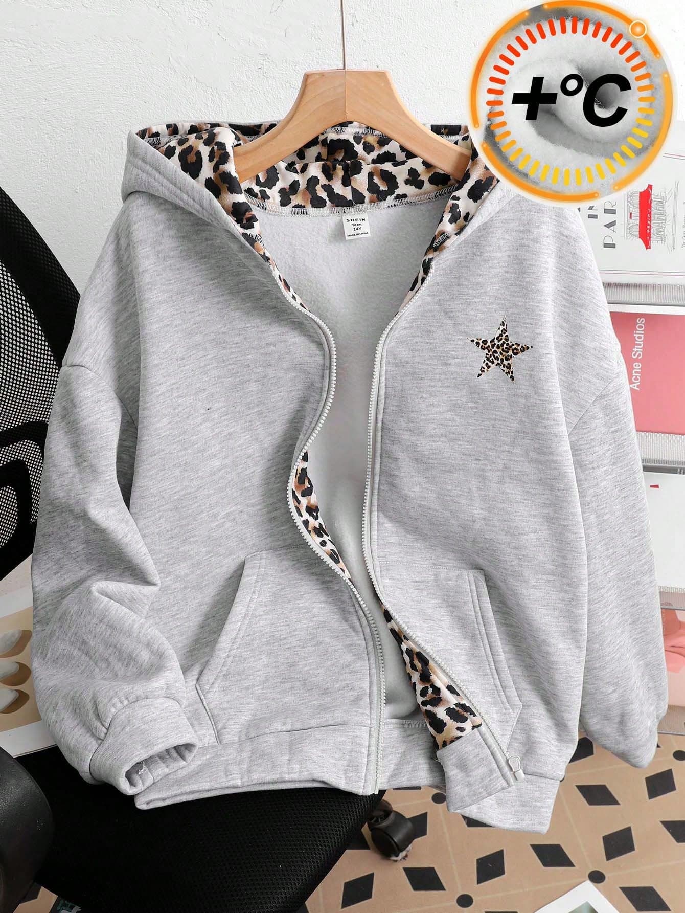SHEIN Kids Teen Girl Sweatshirts, Autumn Hooded Sweatshirt Jacket, Personalized Leopard Print Double Layer Design, Casual Versatile, Back-To-School Outfit.