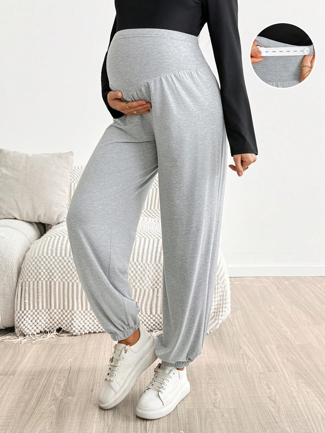 SHEIN Maternity Solid Color Adjustable Waist Casual Tapered Leg Pants Autumn Outfit Casual Fall