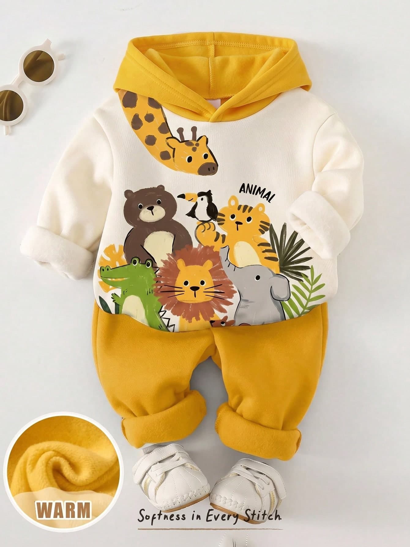 Cozy Pixies Baby Boy Cartoon Animal Pattern Colorblock Knitted Soft Crew Neck Long Sleeve Hooded Sweatshirt & Elastic Waist Long Pants 2-Piece Set