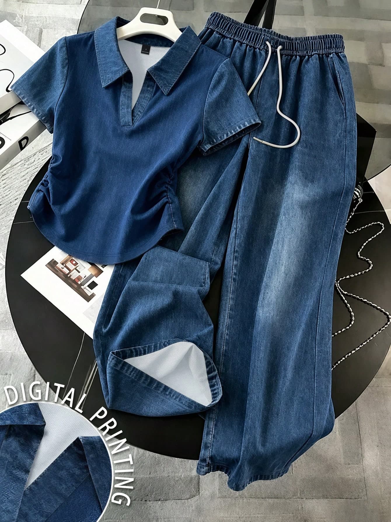 Resyla Women's Denim Effect Shirt And Pants 2 Pieces Set