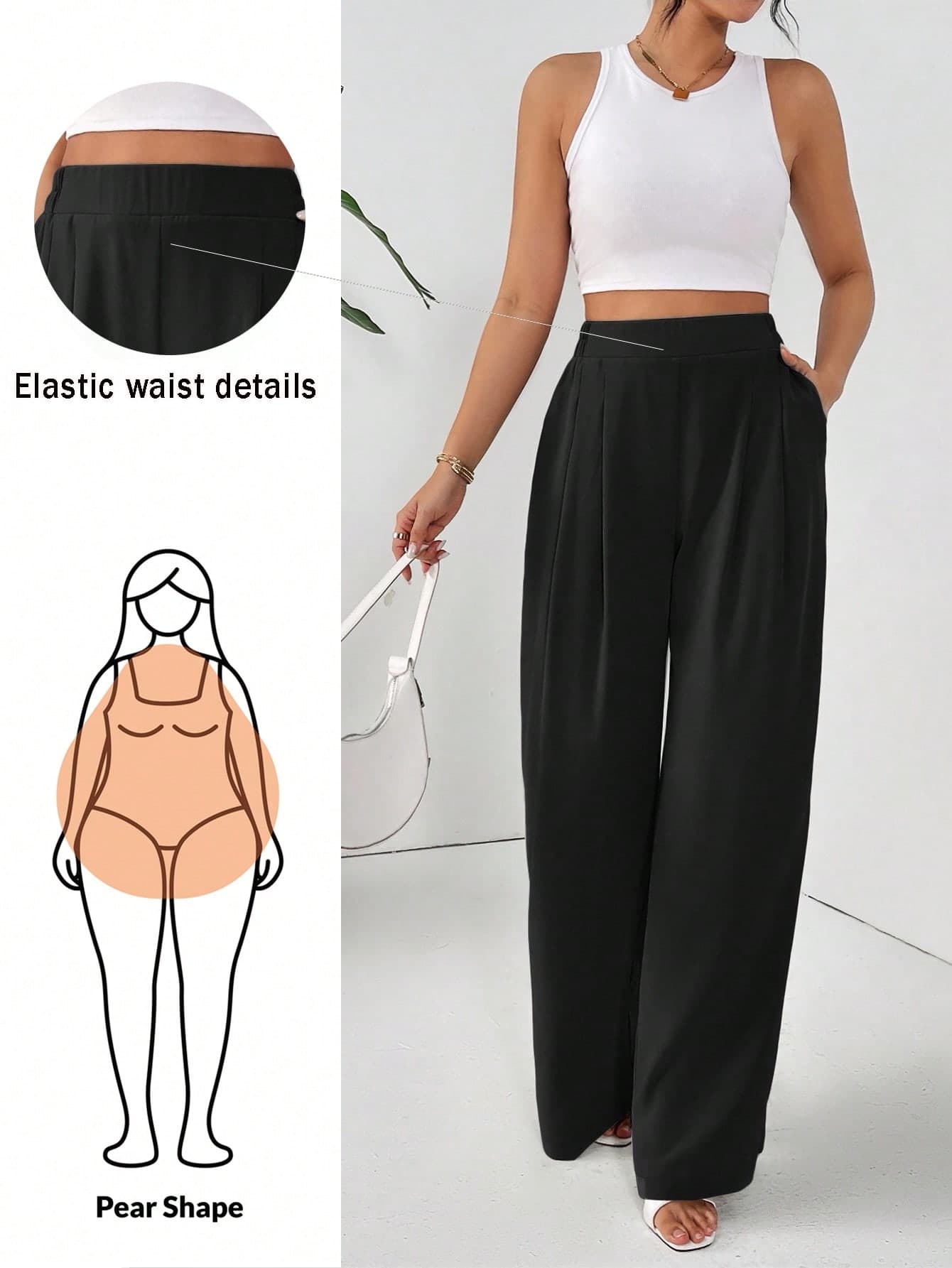 Shapeblank Plus Size Women's Wide Leg Pants,Black Autumn Smart Casual Everyday Elastic Waist Baggy Pants,Loose Comfortable Work Bottom,Minimalist Vacation Style