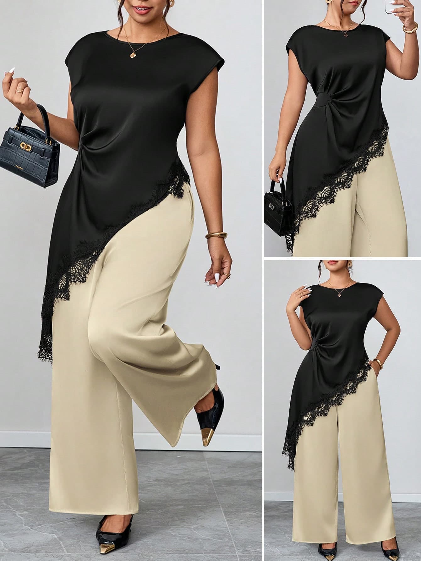 SHEIN Clasi Plus Size Elegant Commuter Lace Patchwork Asymmetric Hem Top And Pants 2 Pieces Set Wedding Guest Black Beige Summer