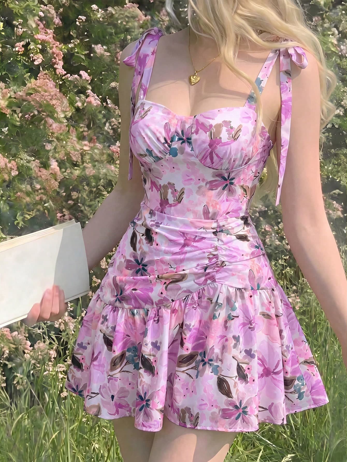 Skyraze Women's Romantic Floral Print Spaghetti Strap Dress