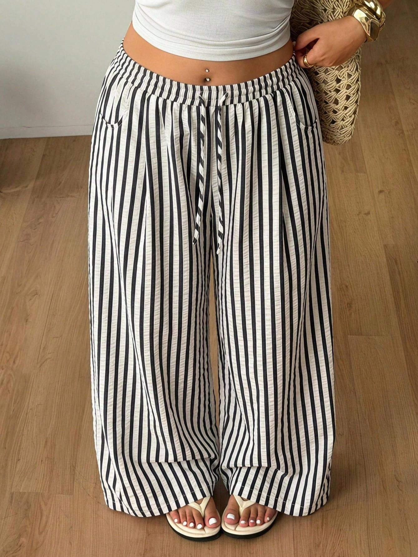 Coolane Women's Plus Size Summer Autumn Vacation Holiday Casual Boho Outfit Oversized Drawstring Waist Black And White Loose High-Waist Pants Fall Gym Beach