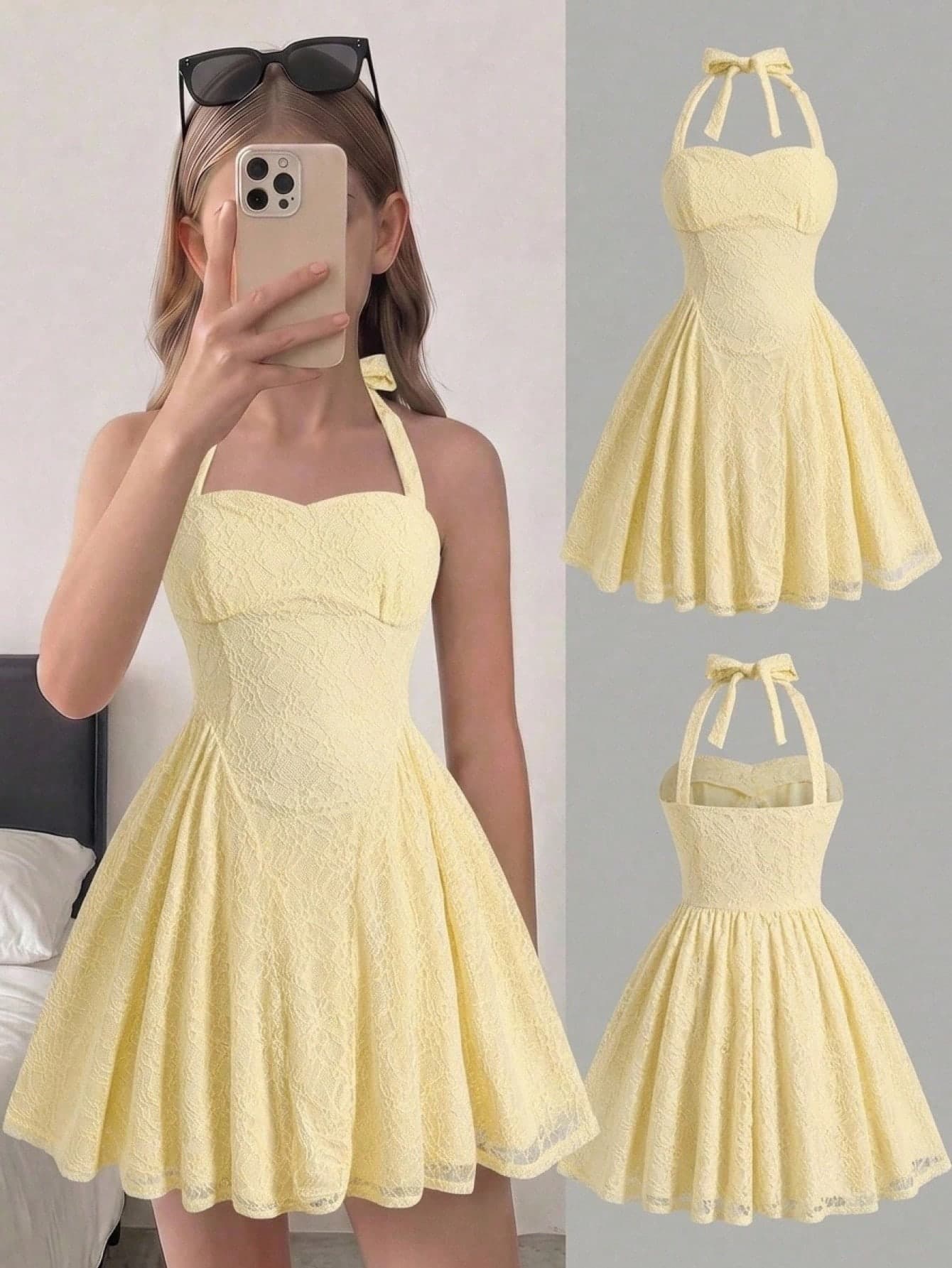 SHEIN Girlism Tween Girls Casual Pale Yellow Elegant Spaghetti Strap Strap Fitted Waist A-Line Lace Mini Dress For Party, Streetwear, Back To School Outfit, Squishy, Preppy Style Kids Dress