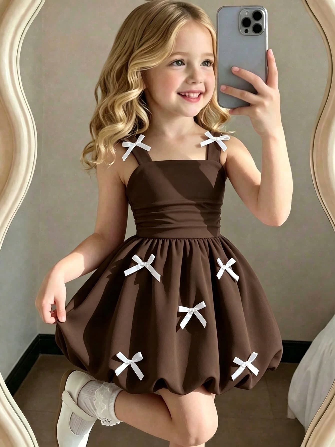 Sweet & Cute Girls' Summer Dress With 3D Bow Decor, Spaghetti Straps, Cinched Waist, Lantern Hem, Casual Vacation Style