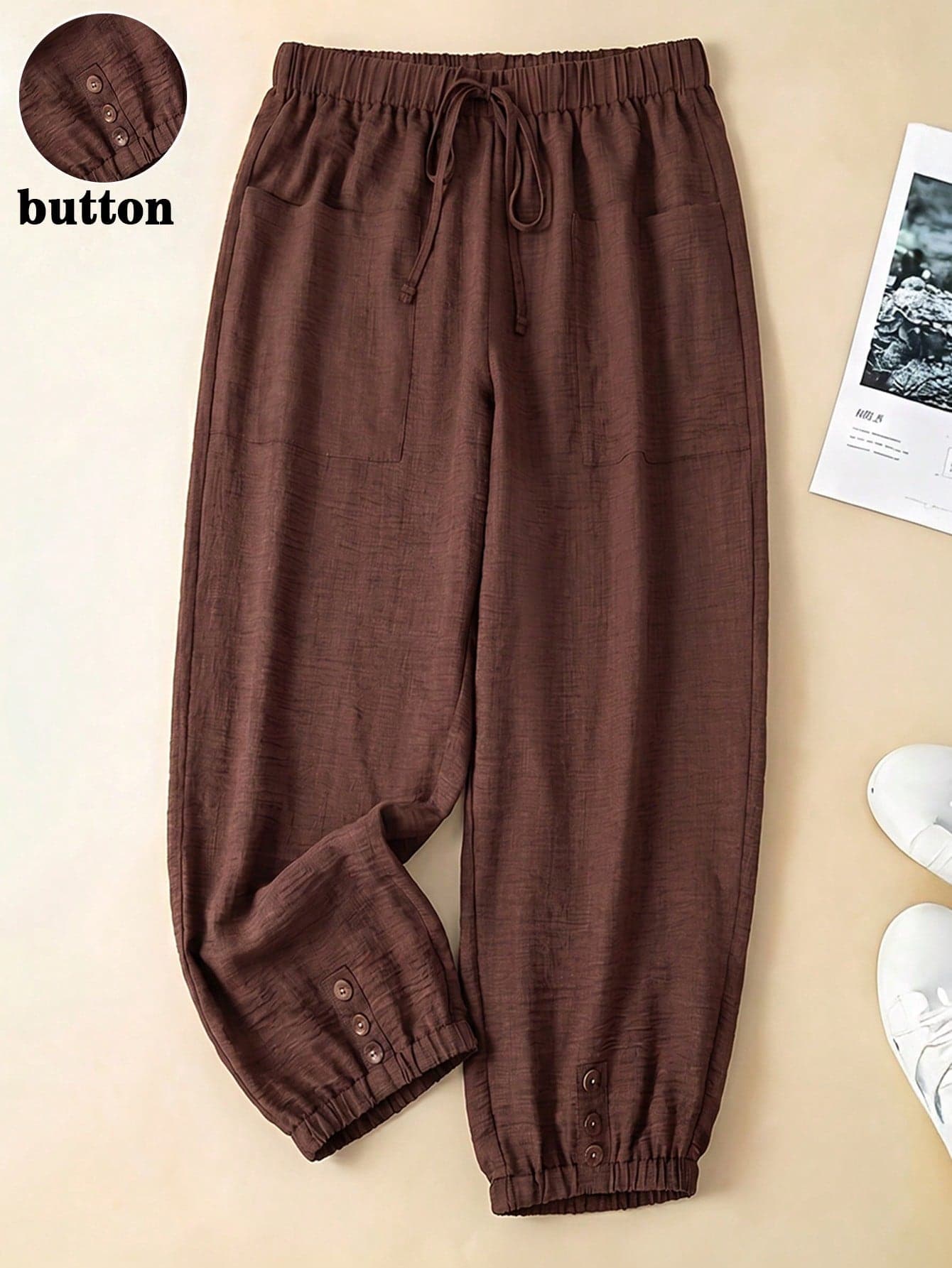 Linhara Loose 9/10 Length Casual Pants With Drawstring Waist, Side Pockets And Wooden Button Hem Decor, Harem/Lantern Style, Wide Top And Slightly Tapered Bottom, Flattering For Waist, Belly And Thighs, Plus Size Friendly