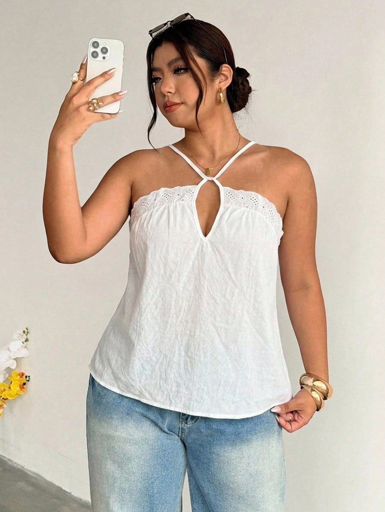 Firerie Elegant Vacation Style Embroidered Lace Trim White Plus Size Cami Top/Bohemian Casual Daily Beach Going Out Office Work Tank Top Summer