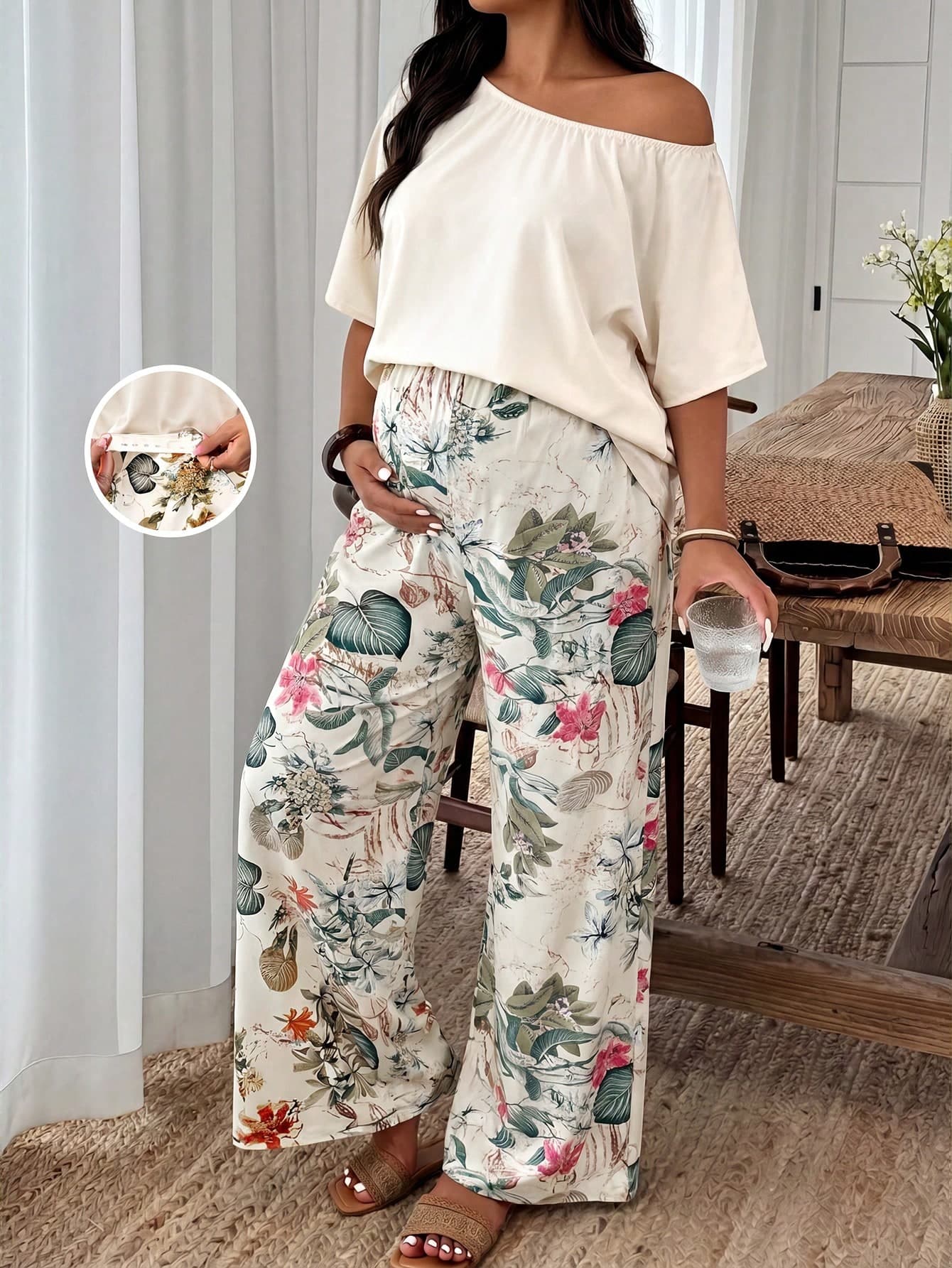 SHEIN Maternity Vacation Solid Color One Shoulder Top And Tropical Plant Print Pants Casual 2 Pieces Set Fall