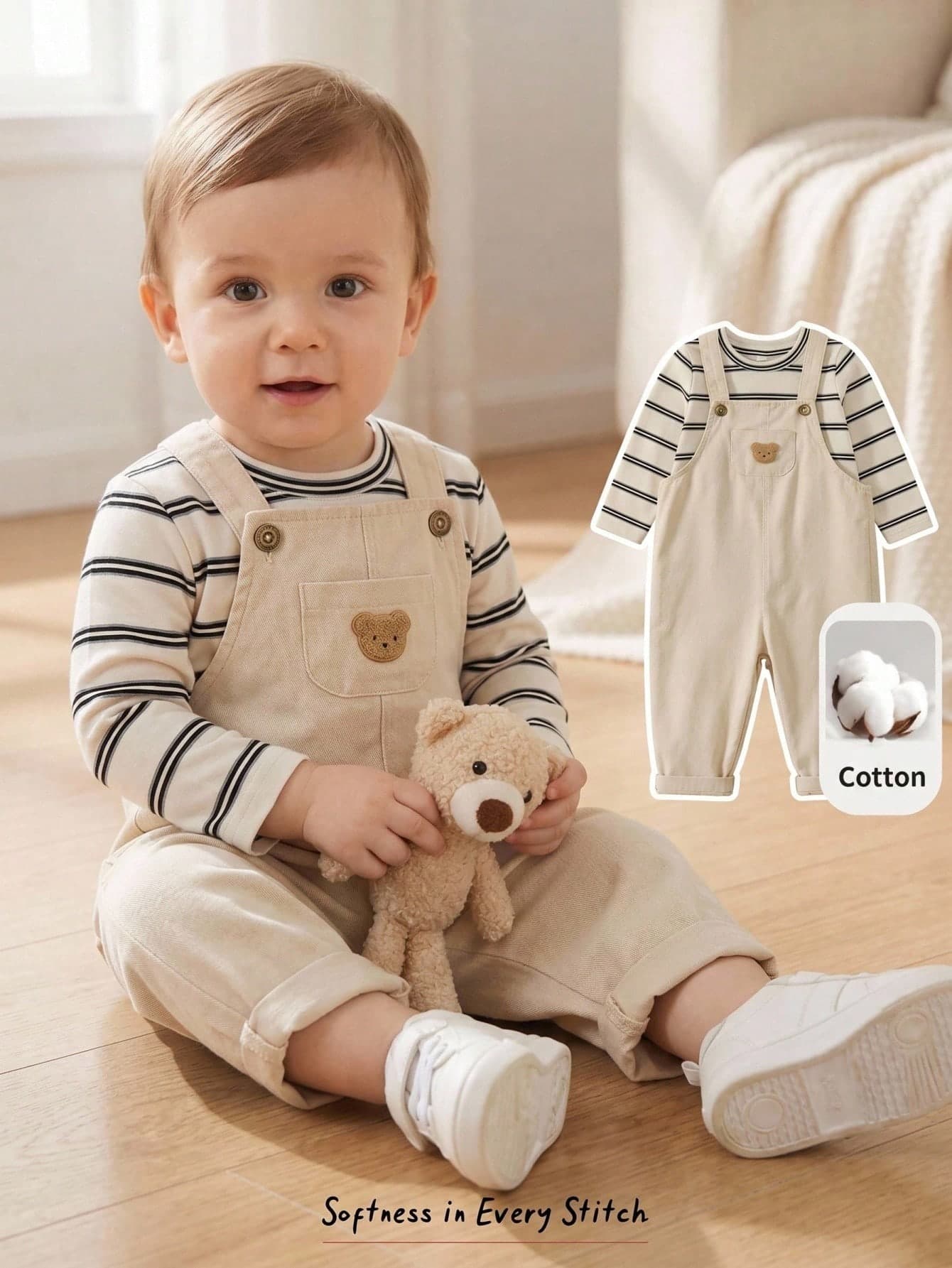 Loomiva Unisex Baby Boy Baby Girl Casual Fashion Striped Long Sleeve Knit T-Shirt Top Khaki Color Suspenders Long Pants Set Cute Versatile Suitable For Outings, Play, School, Holidays, Parties And Multiple Occasions