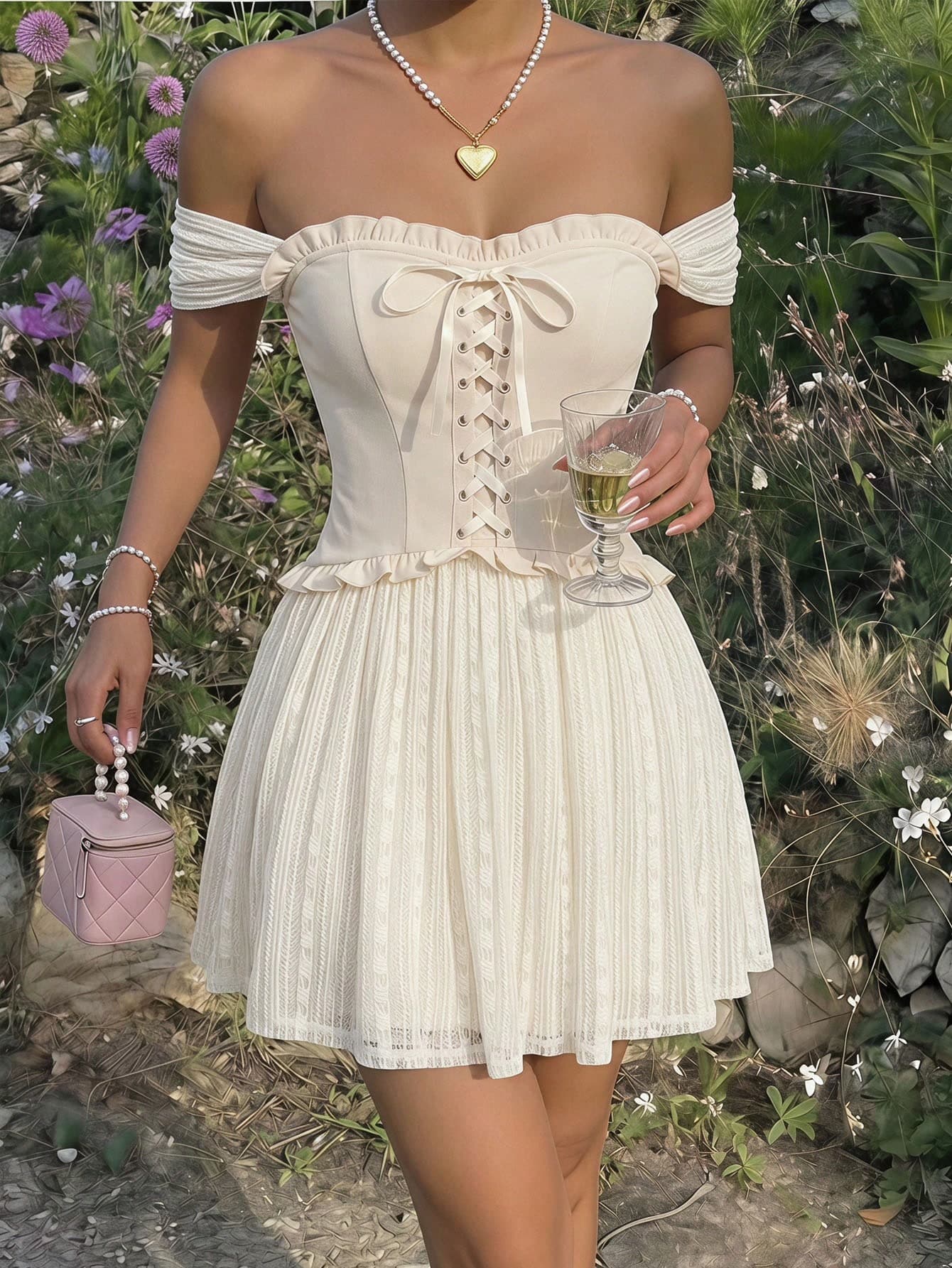 SHEIN MOD Women's Eyelet Lace Trim Bandeau Lace Patchwork Waist-Cinching Fashion Elegant Dress